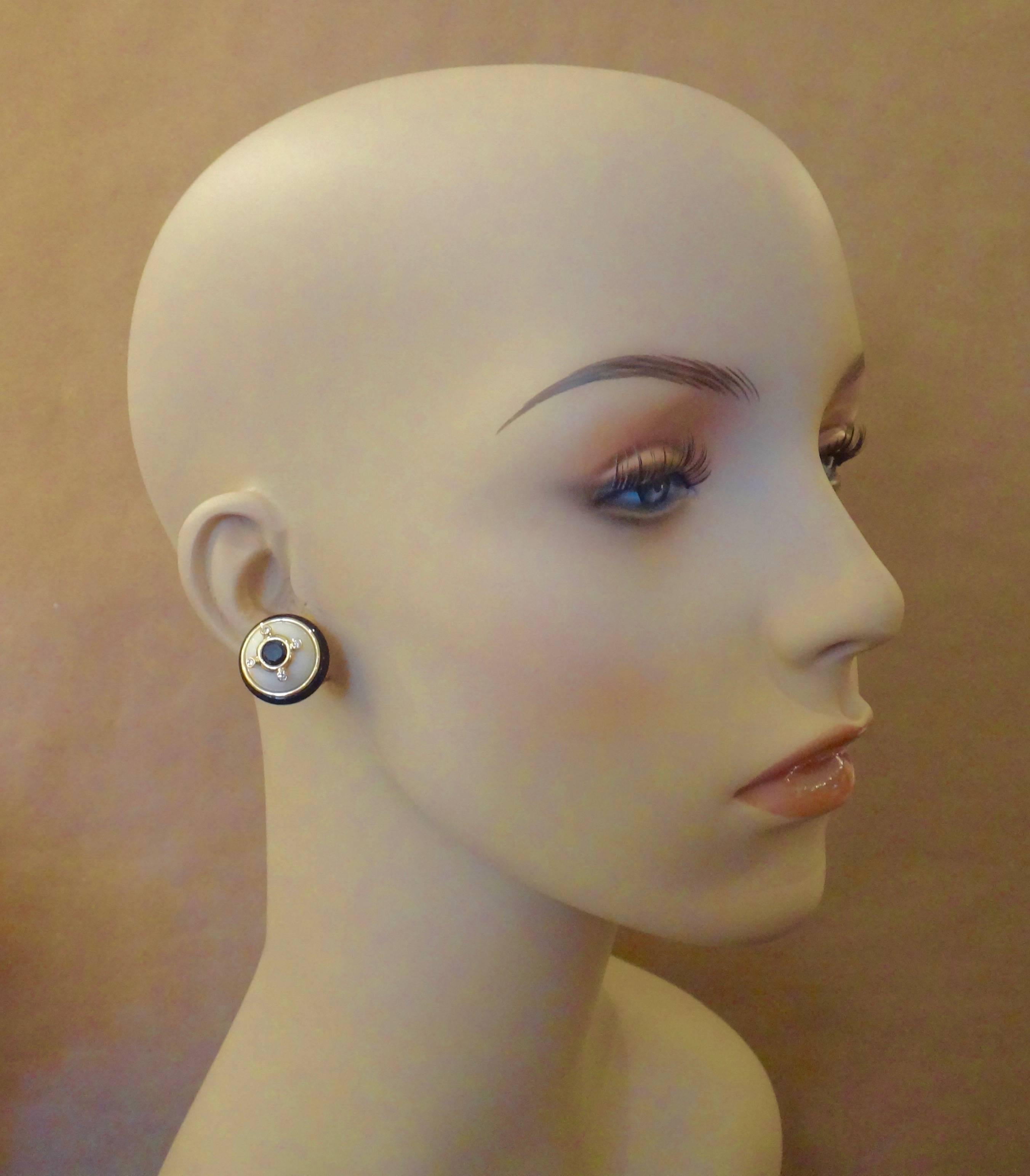 Michael Kneebone Black Spinel White Coral Diamond Onyx Button Earrings 1