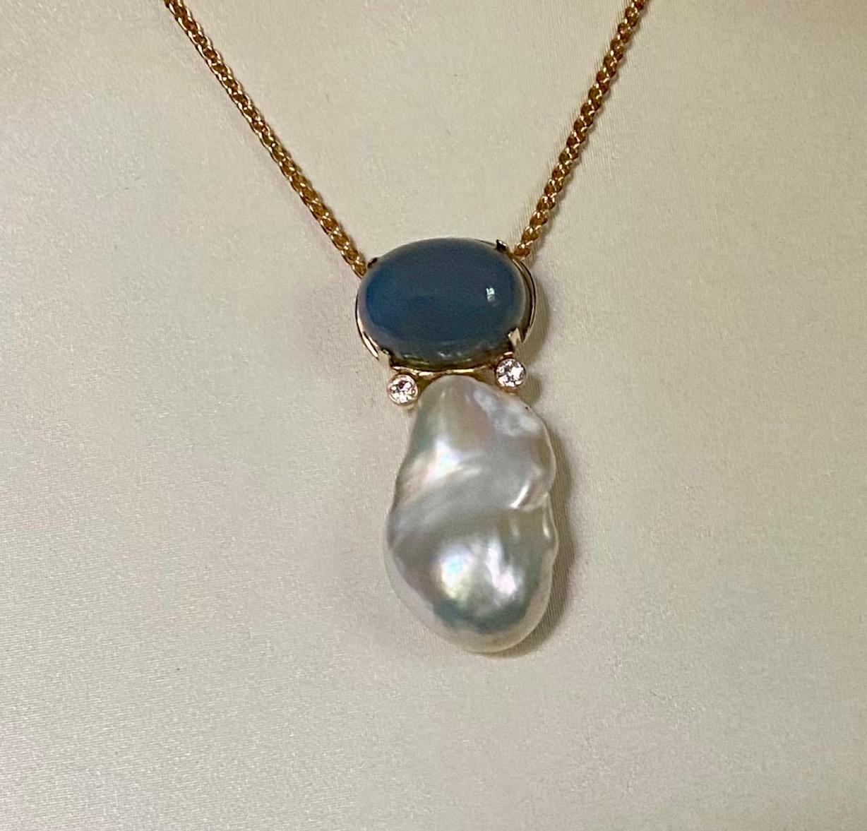 Contemporary Michael Kneebone Blue chalcedony Baroque Pearl Diamond Pendant For Sale