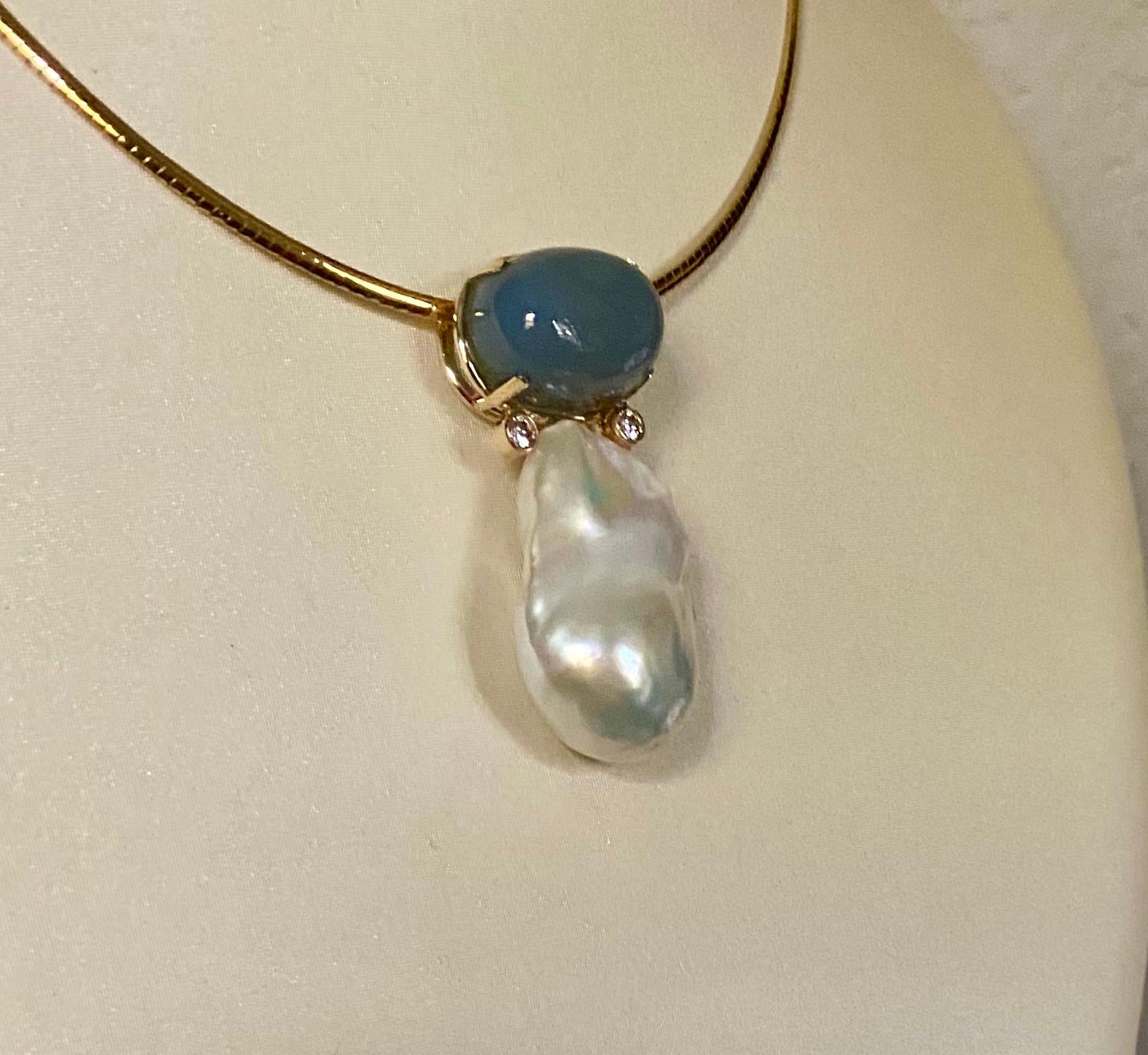 Michael Kneebone Blue chalcedony Baroque Pearl Diamond Pendant In New Condition For Sale In Austin, TX