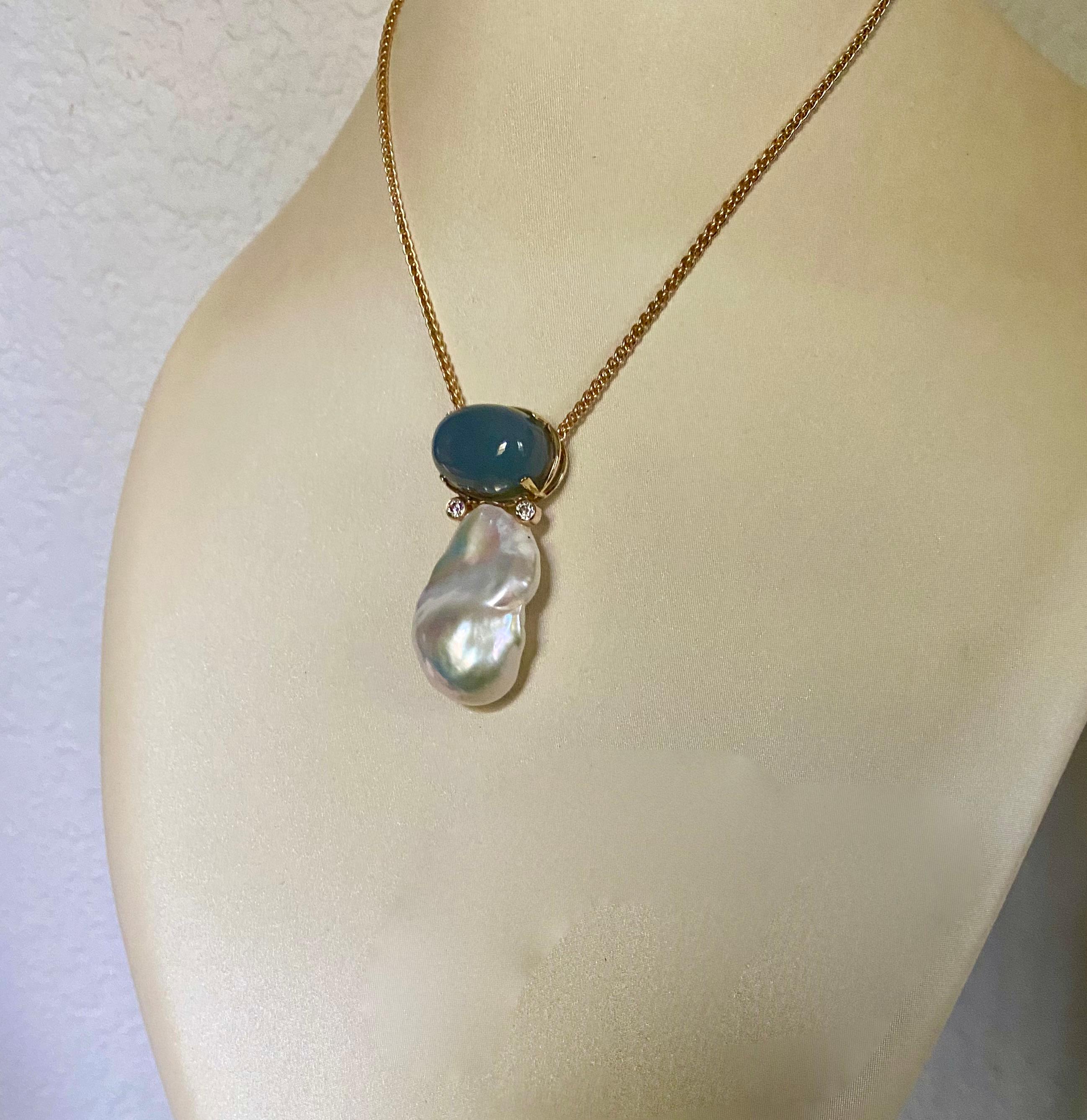 Michael Kneebone Blue chalcedony Baroque Pearl Diamond Pendant For Sale 1
