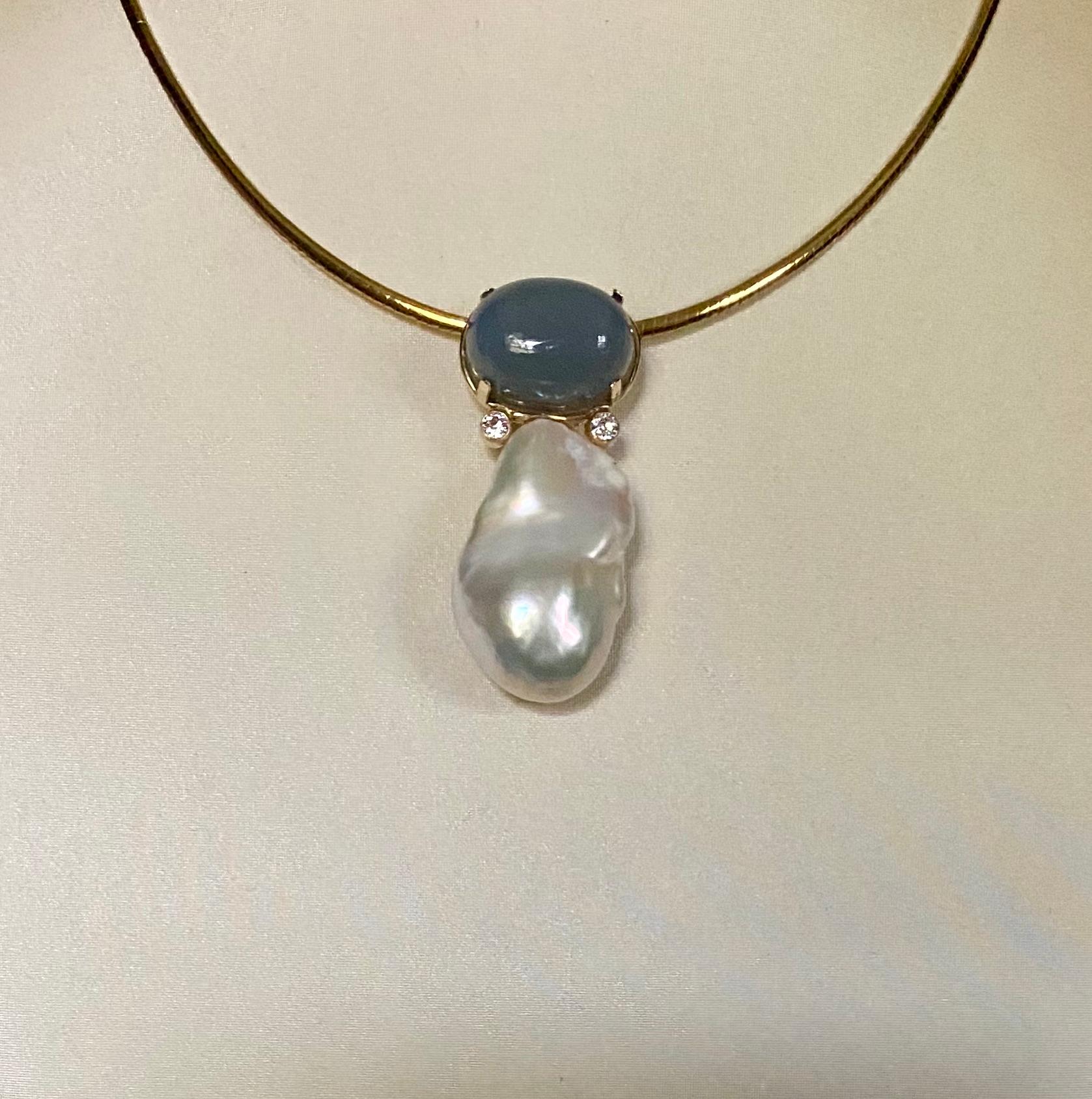 Michael Kneebone Blue chalcedony Baroque Pearl Diamond Pendant For Sale 3