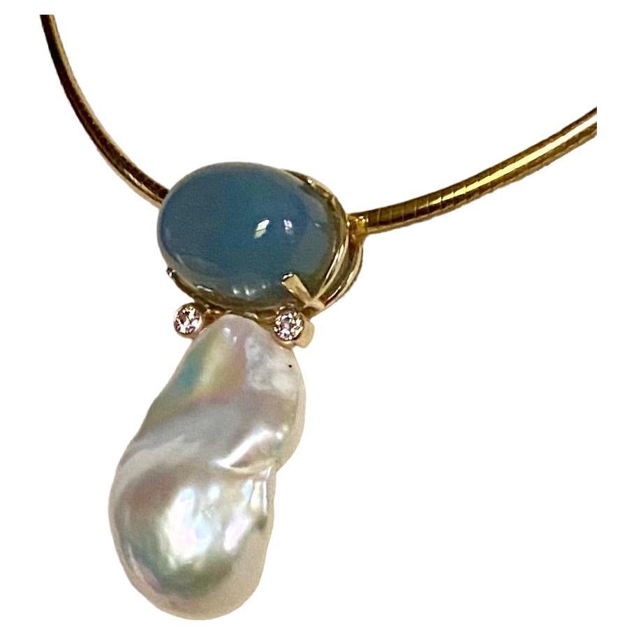 Michael Kneebone Blue chalcedony Baroque Pearl Diamond Pendant For Sale
