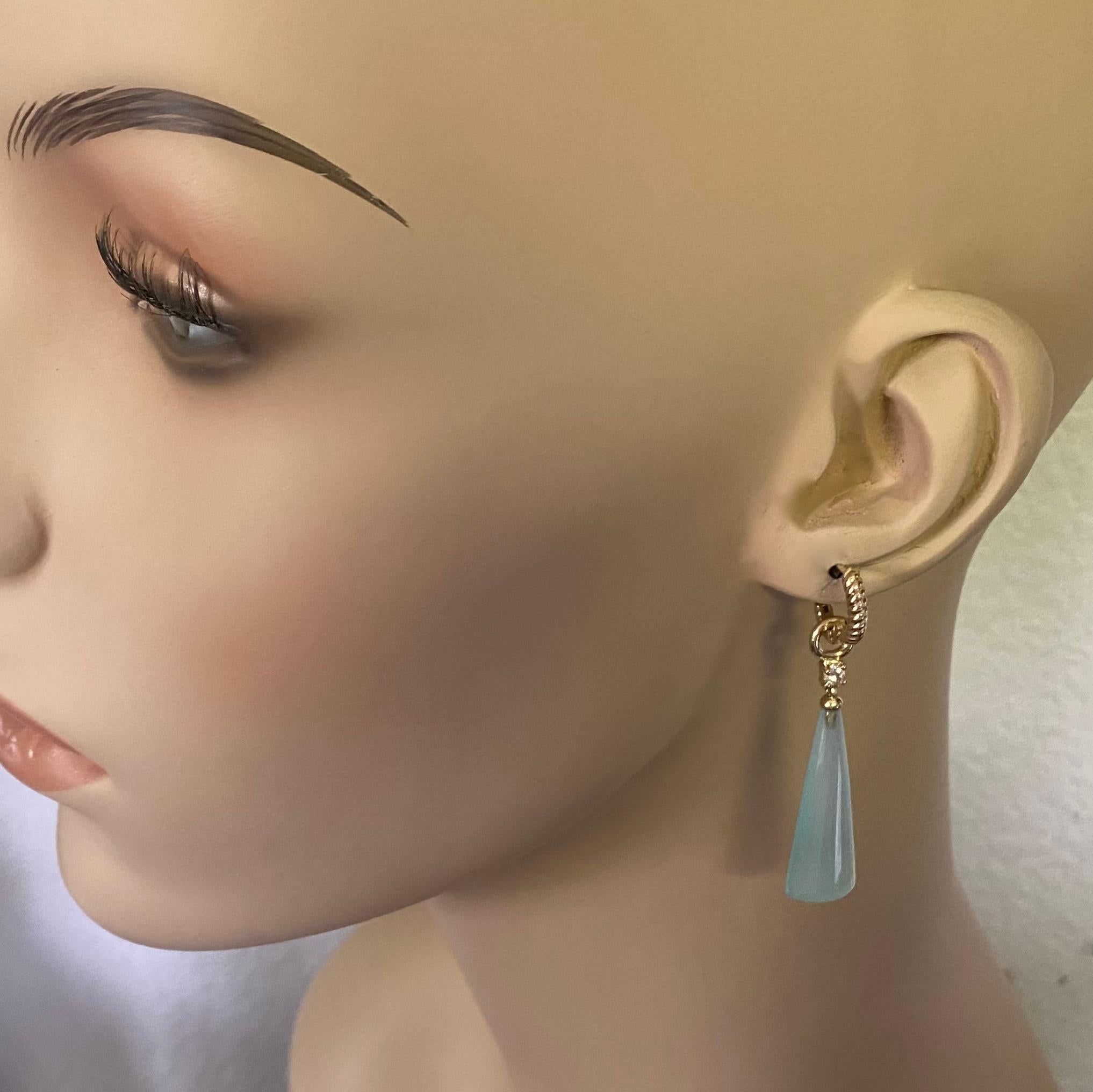 Mixed Cut Michael Kneebone Blue Chalcedony Briolette Diamond Huggie Style Dangle Earrings For Sale