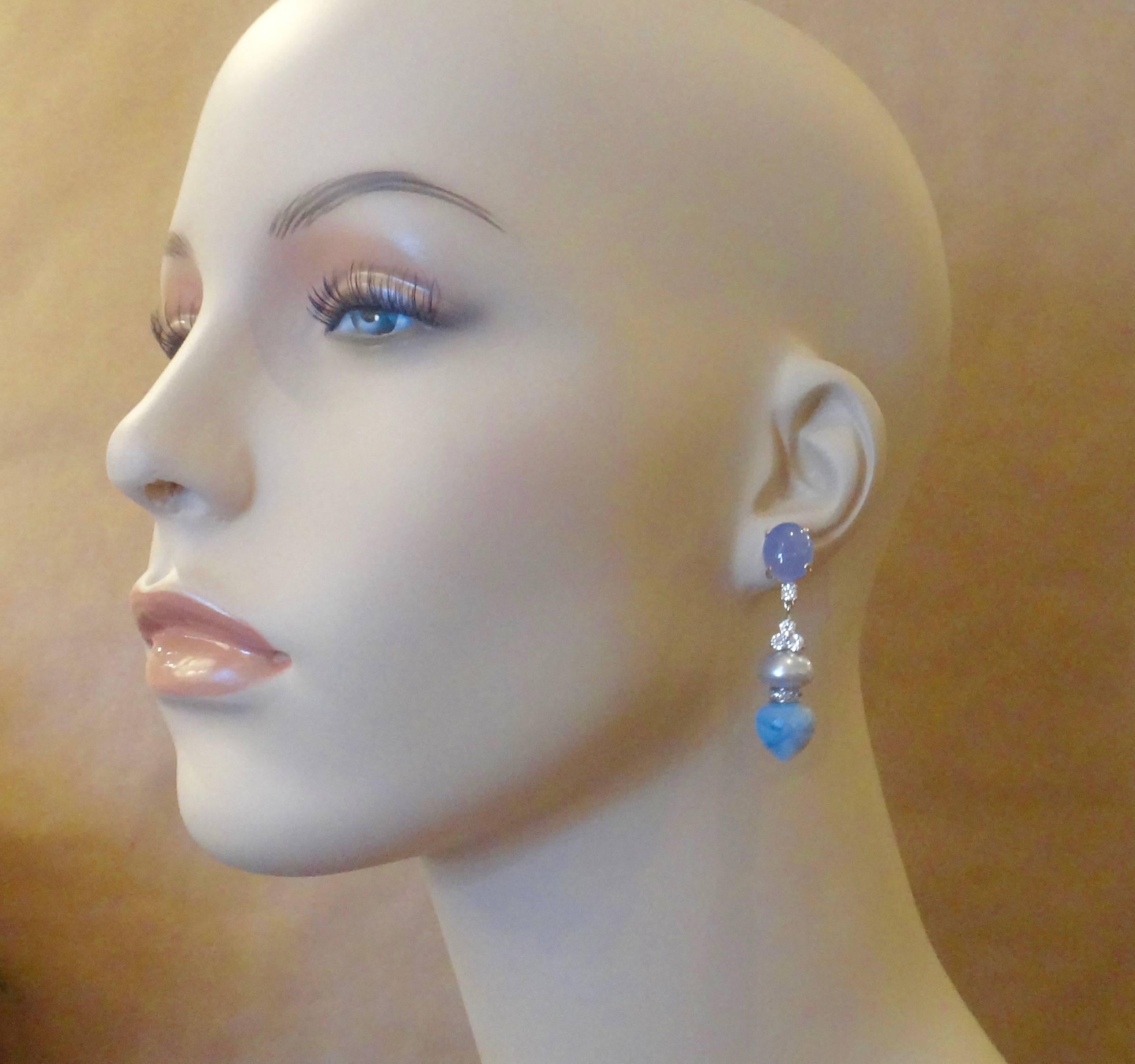 Michael Kneebone Blue Chalcedony Diamond Gray Pearl Blue Opal Dangle Earrings In Excellent Condition In Austin, TX