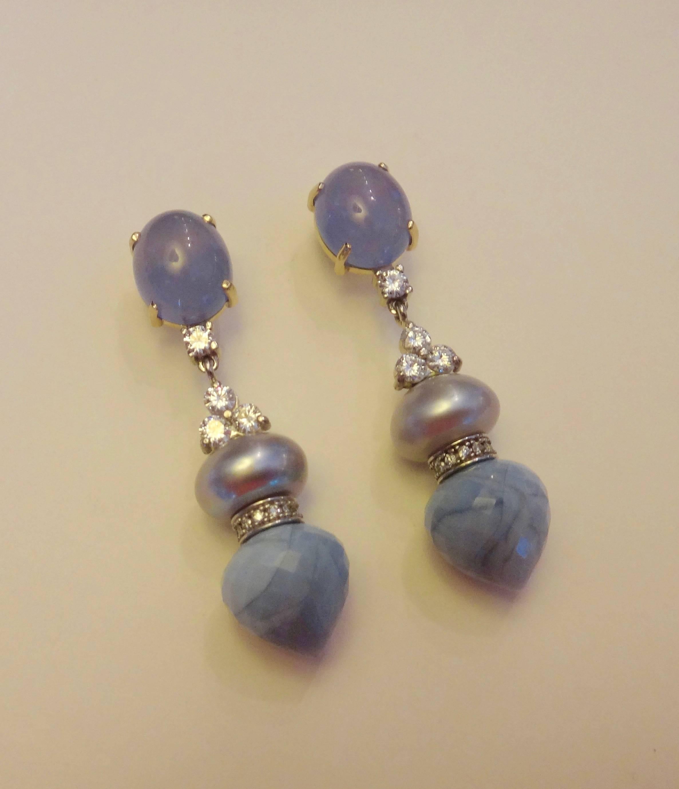 Women's or Men's Michael Kneebone Blue Chalcedony Diamond Gray Pearl Blue Opal Dangle Earrings