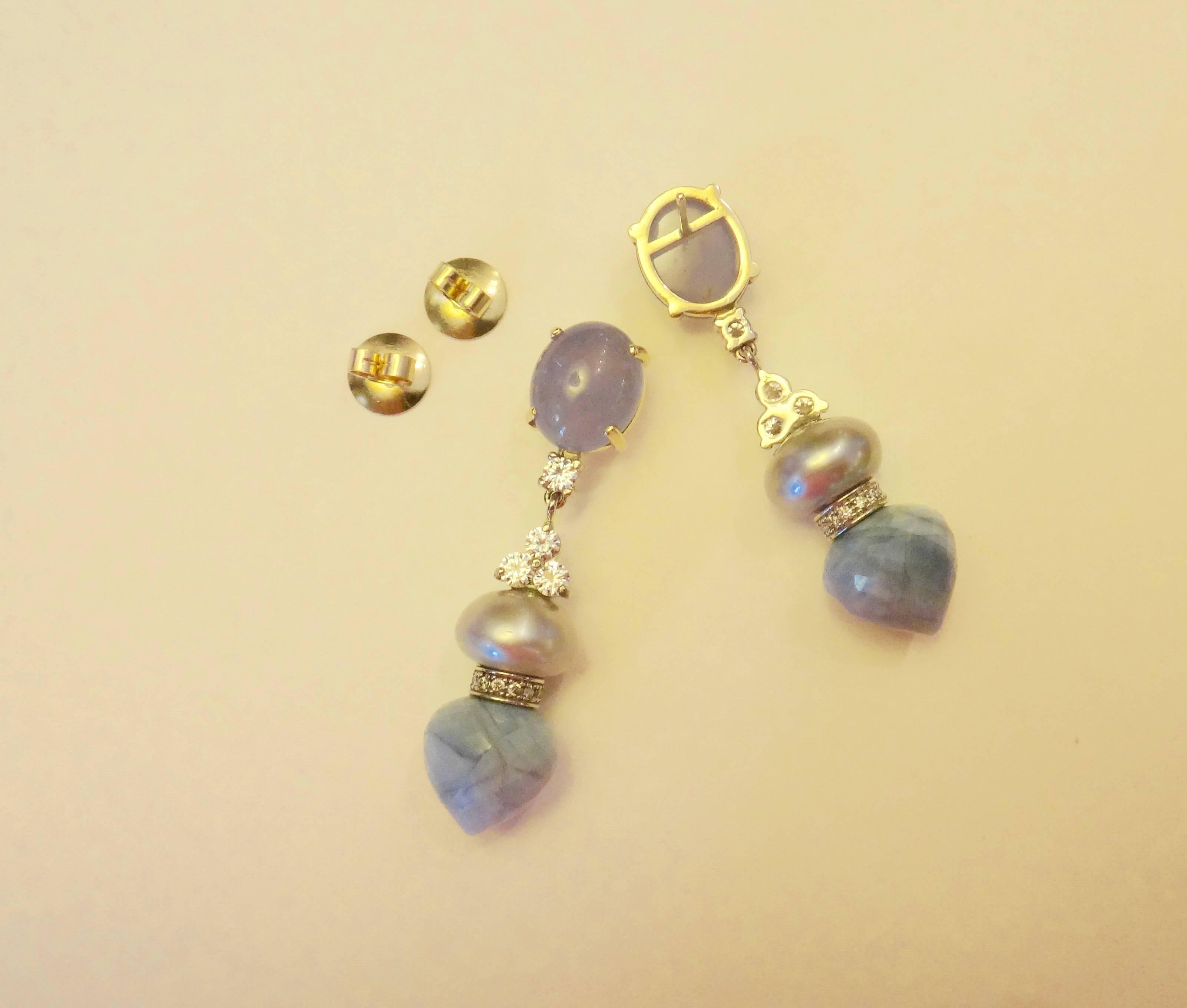 Michael Kneebone Blue Chalcedony Diamond Gray Pearl Blue Opal Dangle Earrings 1