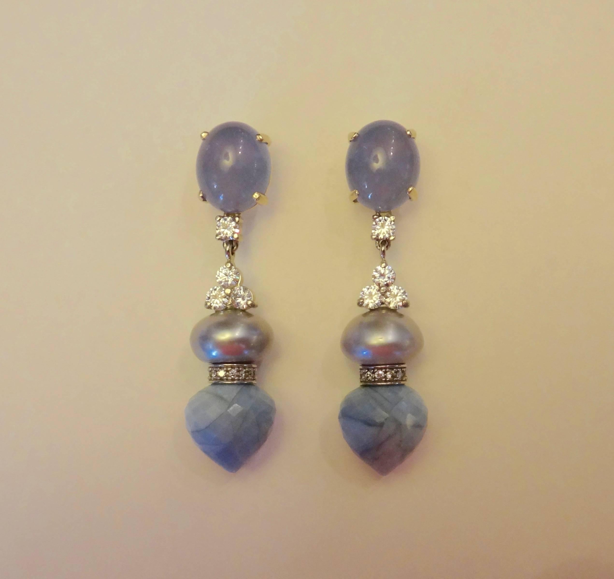 Michael Kneebone Blue Chalcedony Diamond Gray Pearl Blue Opal Dangle Earrings 2