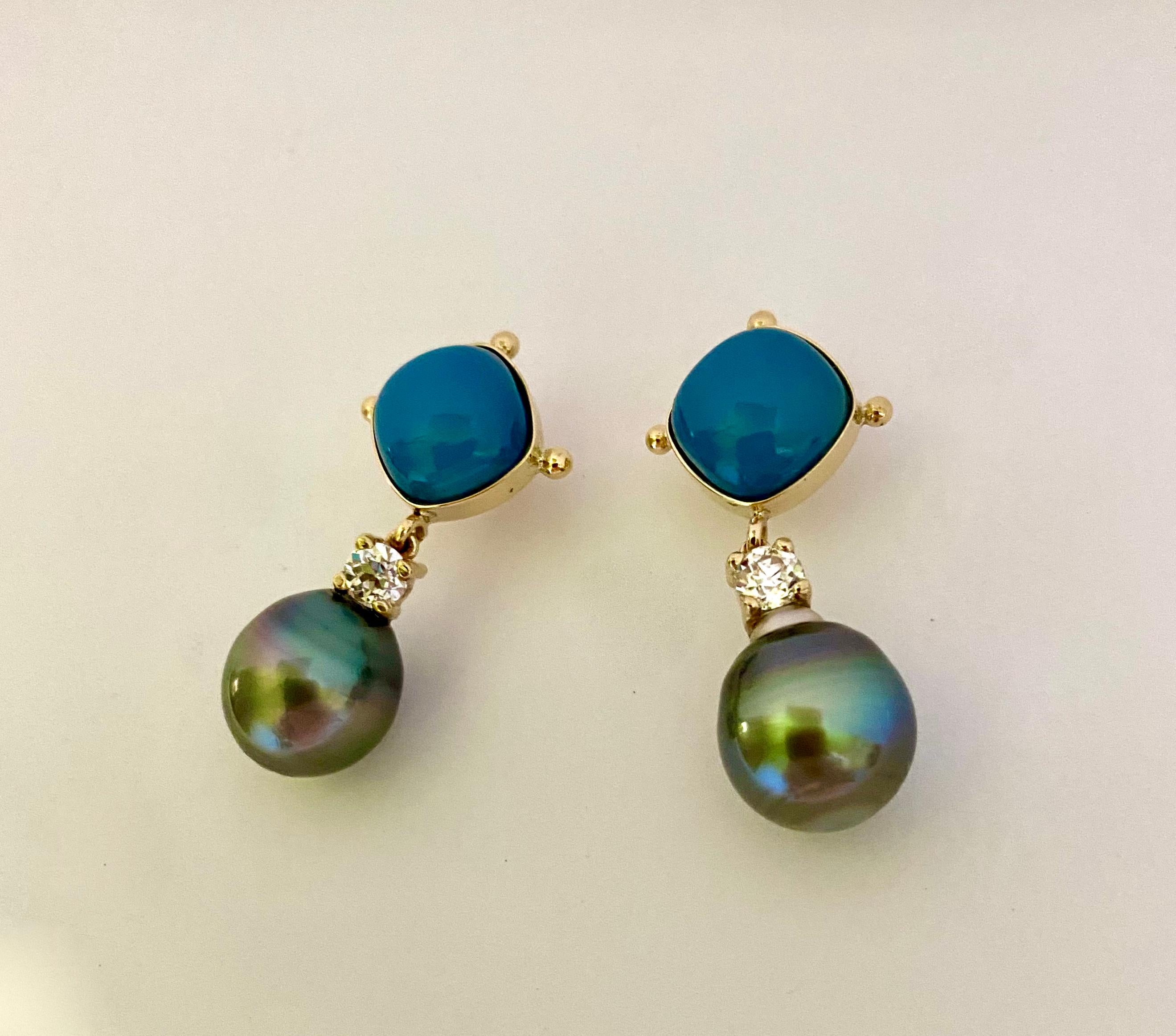 Michael Kneebone Boucles d'oreilles pendantes en calcédoine bleue, diamants et perles de Tahiti Neuf - En vente à Austin, TX