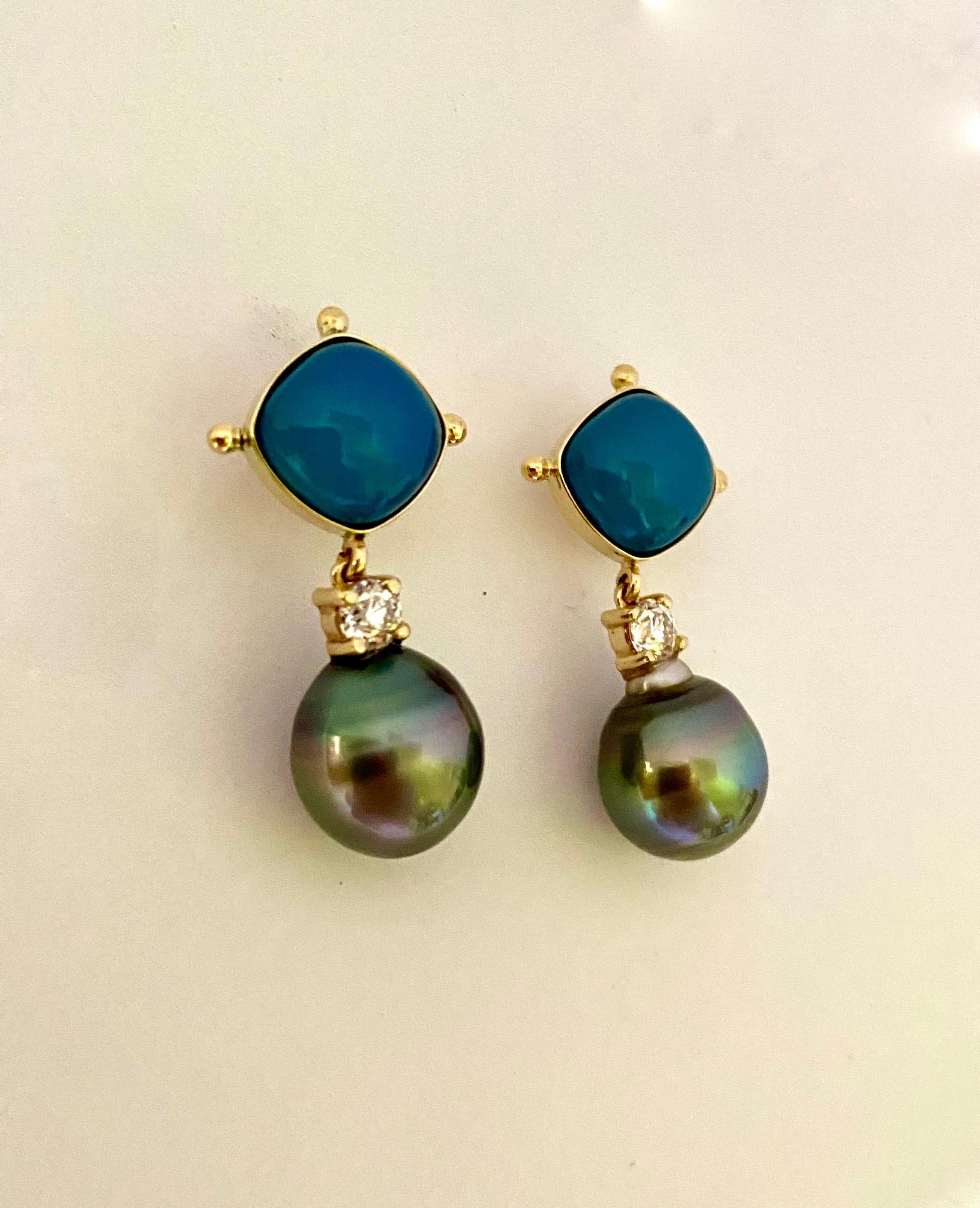 Michael Kneebone Blue Chalcedony Diamond Tahitian Pearl Dangle Earrings For Sale 1