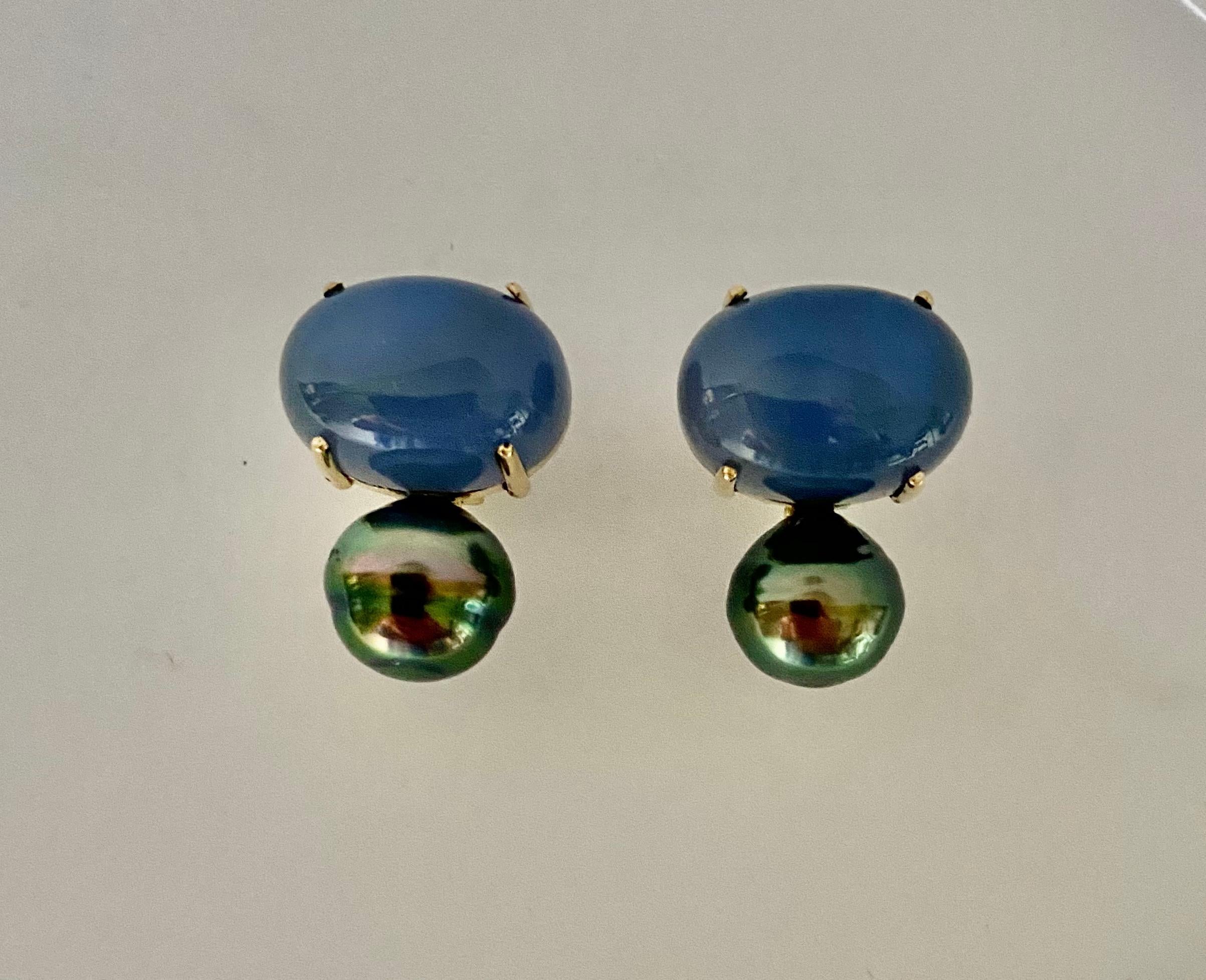 Contemporary Michael Kneebone Blue Chalcedony Tahitain Rainbow Pearl Drop Earrings For Sale