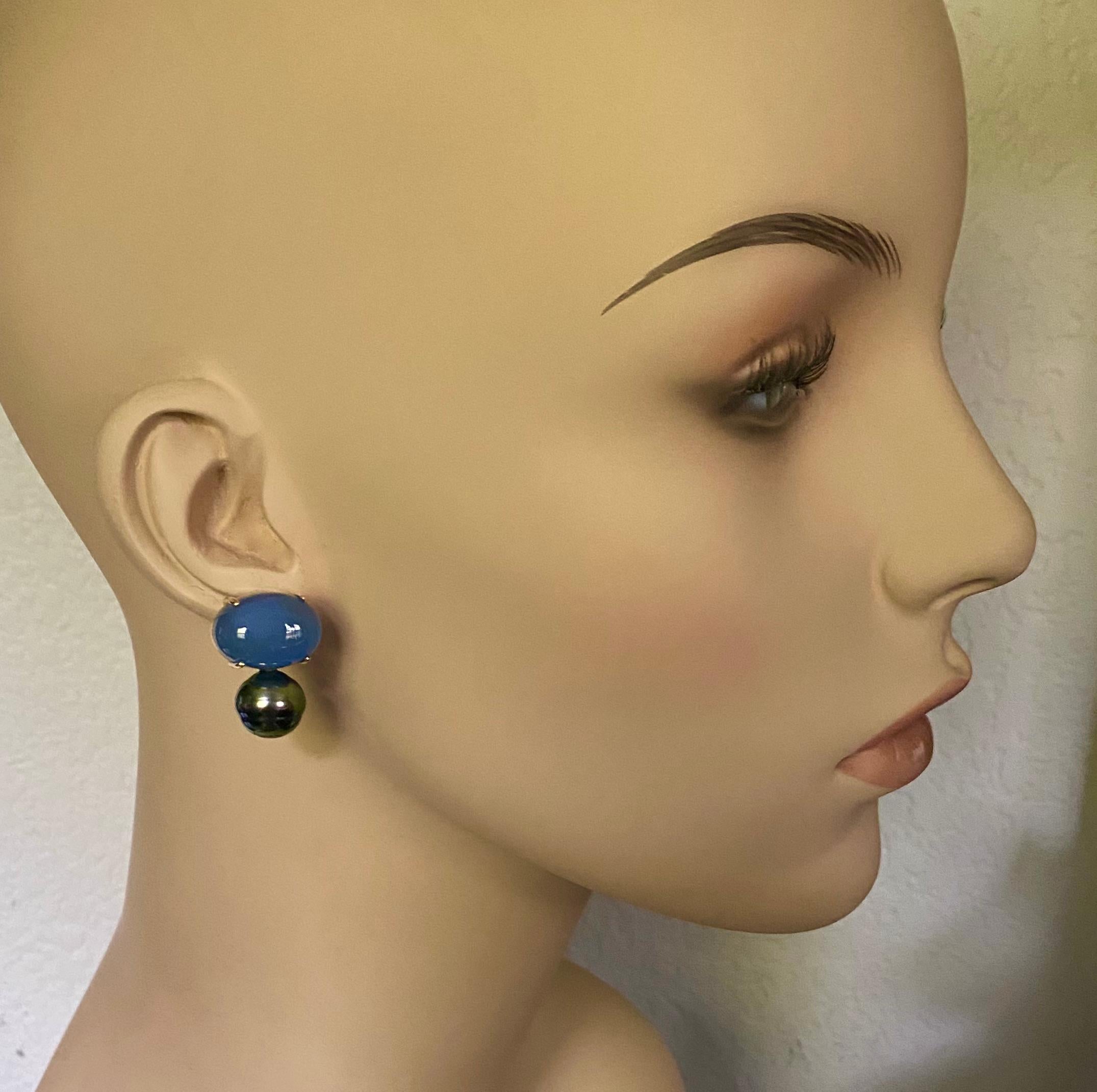 Mixed Cut Michael Kneebone Blue Chalcedony Tahitain Rainbow Pearl Drop Earrings For Sale