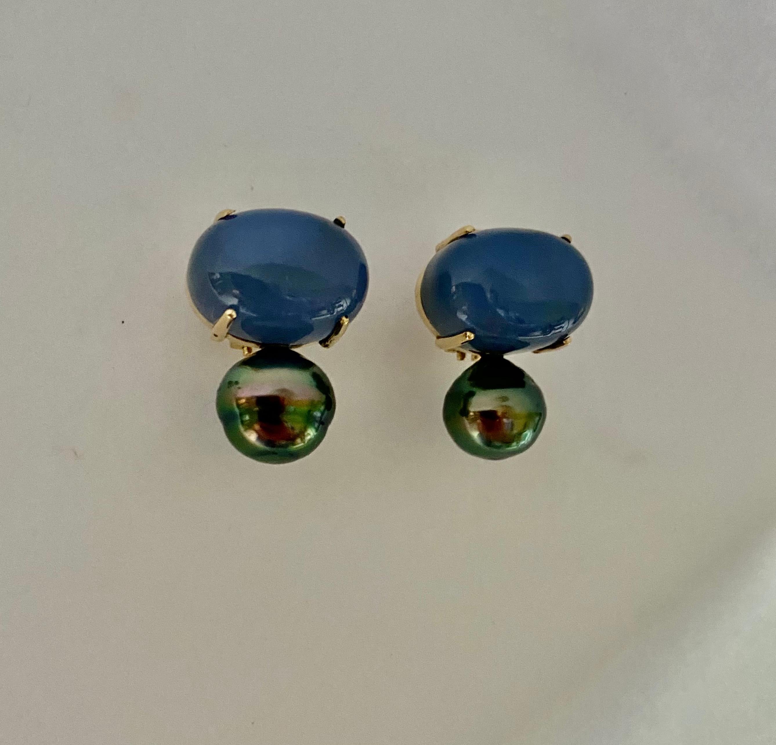 Michael Kneebone Blue Chalcedony Tahitain Rainbow Pearl Drop Earrings In New Condition For Sale In Austin, TX