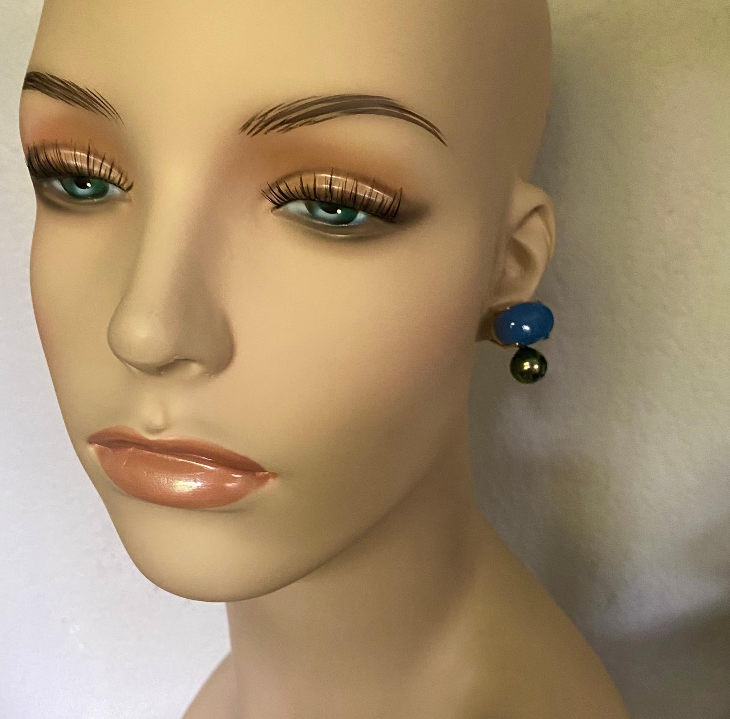 Women's Michael Kneebone Blue Chalcedony Tahitain Rainbow Pearl Drop Earrings For Sale