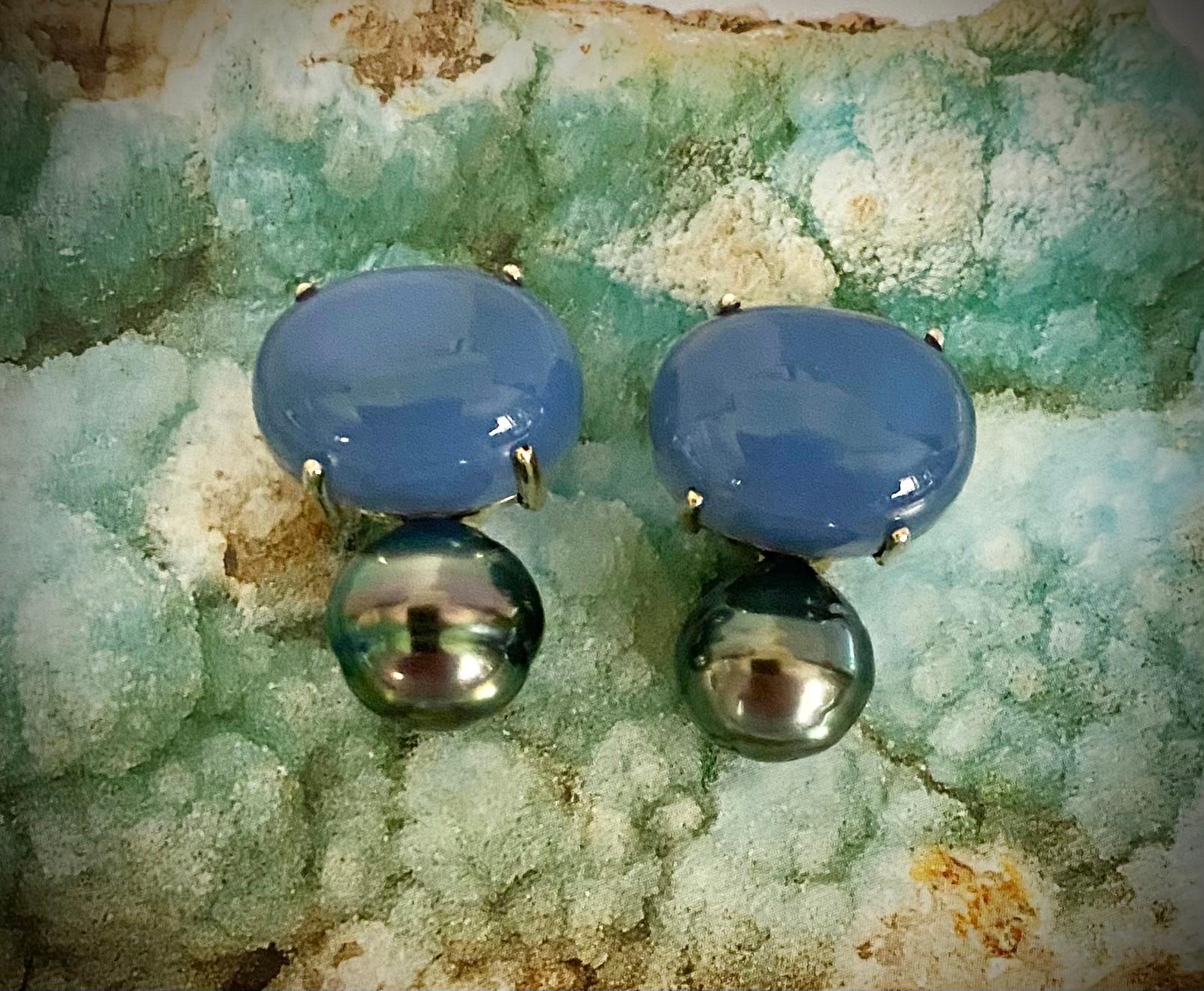 Michael Kneebone Blue Chalcedony Tahitain Rainbow Pearl Drop Earrings For Sale 1