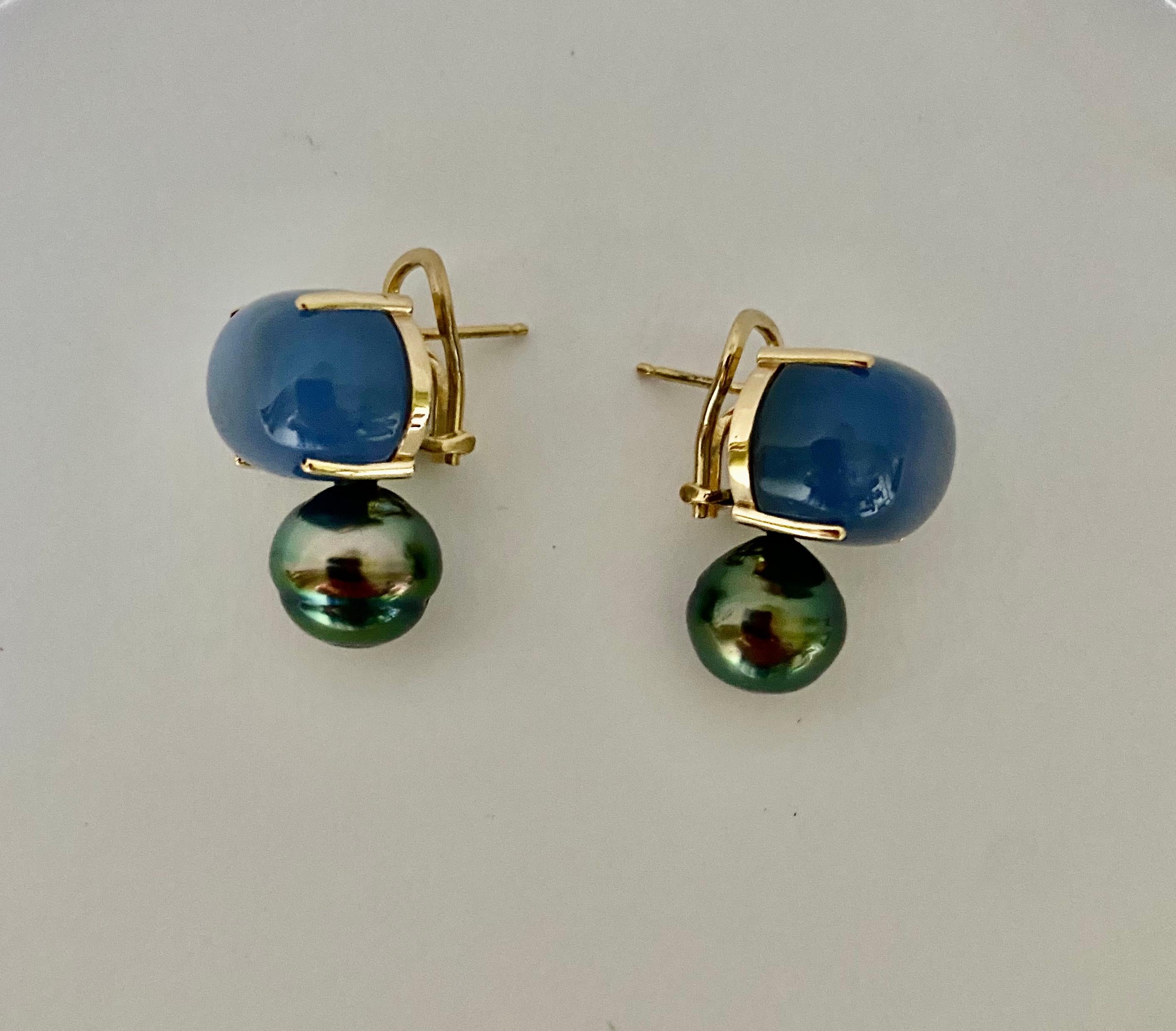 Michael Kneebone Blue Chalcedony Tahitain Rainbow Pearl Drop Earrings For Sale 3