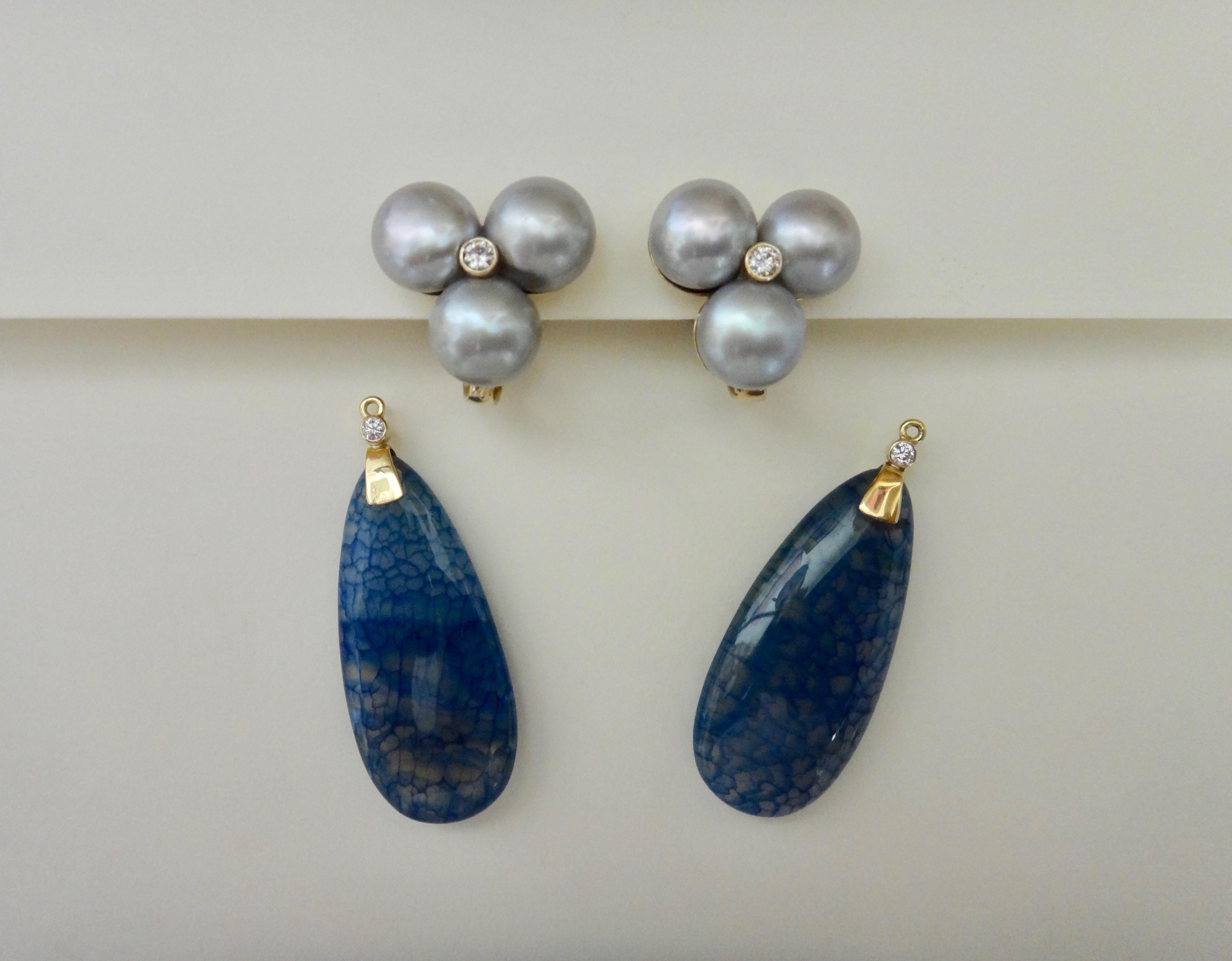 Contemporary Michael Kneebone Blue Dragon's Skin Agate Pearl Diamond Dangle Earrings