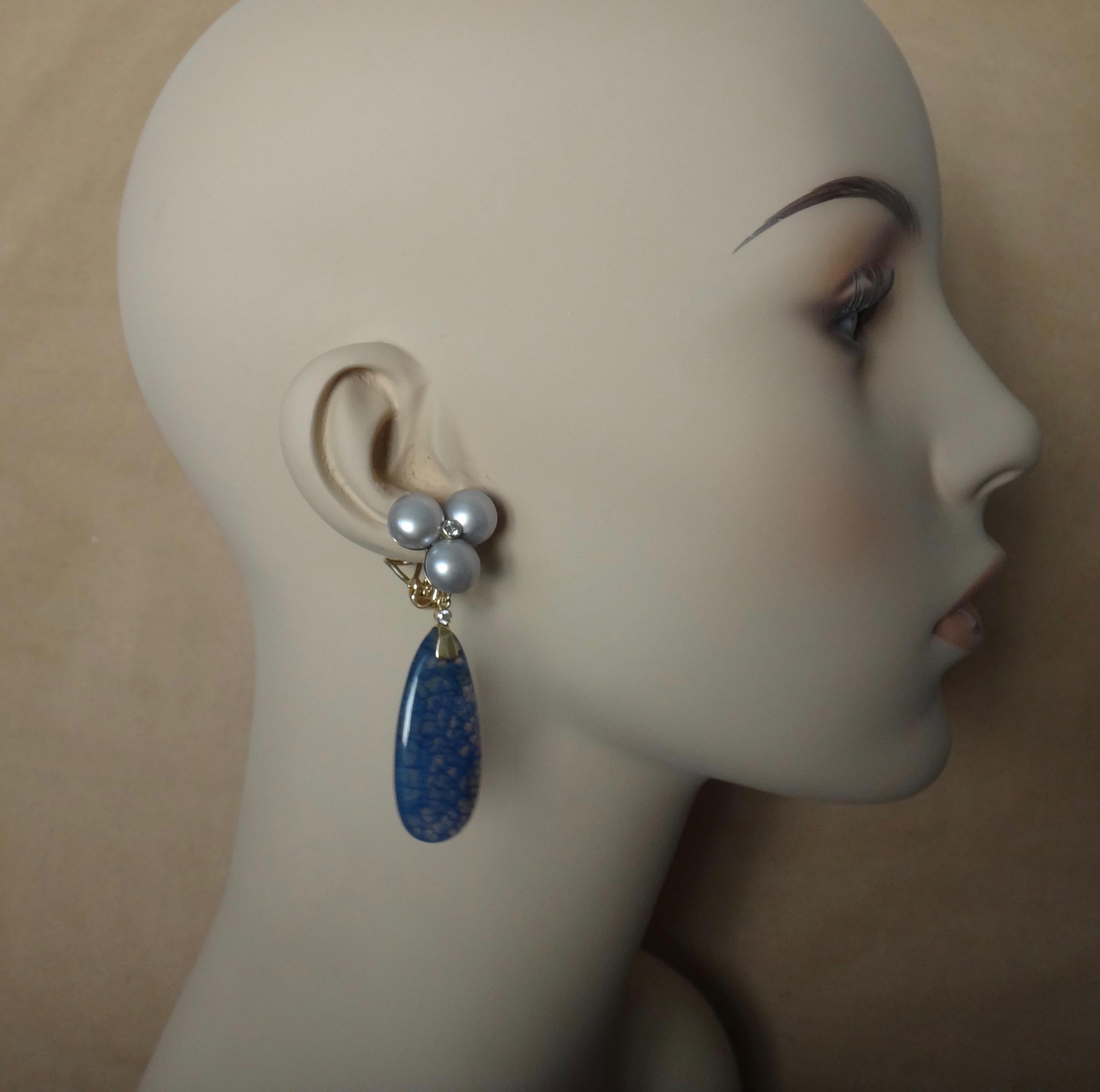 Michael Kneebone Blue Dragon's Skin Agate Pearl Diamond Dangle Earrings In New Condition In Austin, TX