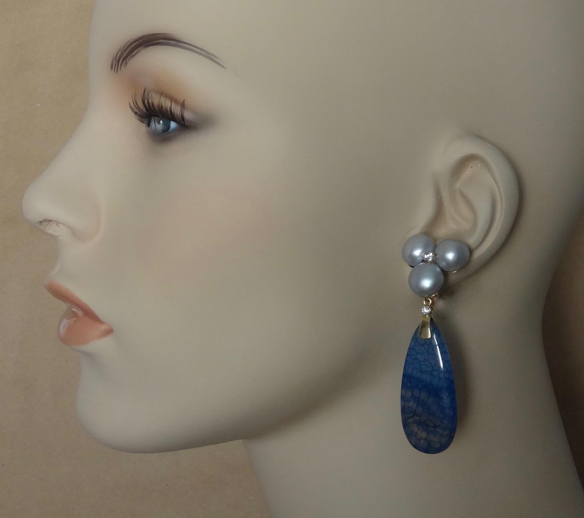 Michael Kneebone Blue Dragon's Skin Agate Pearl Diamond Dangle Earrings 1