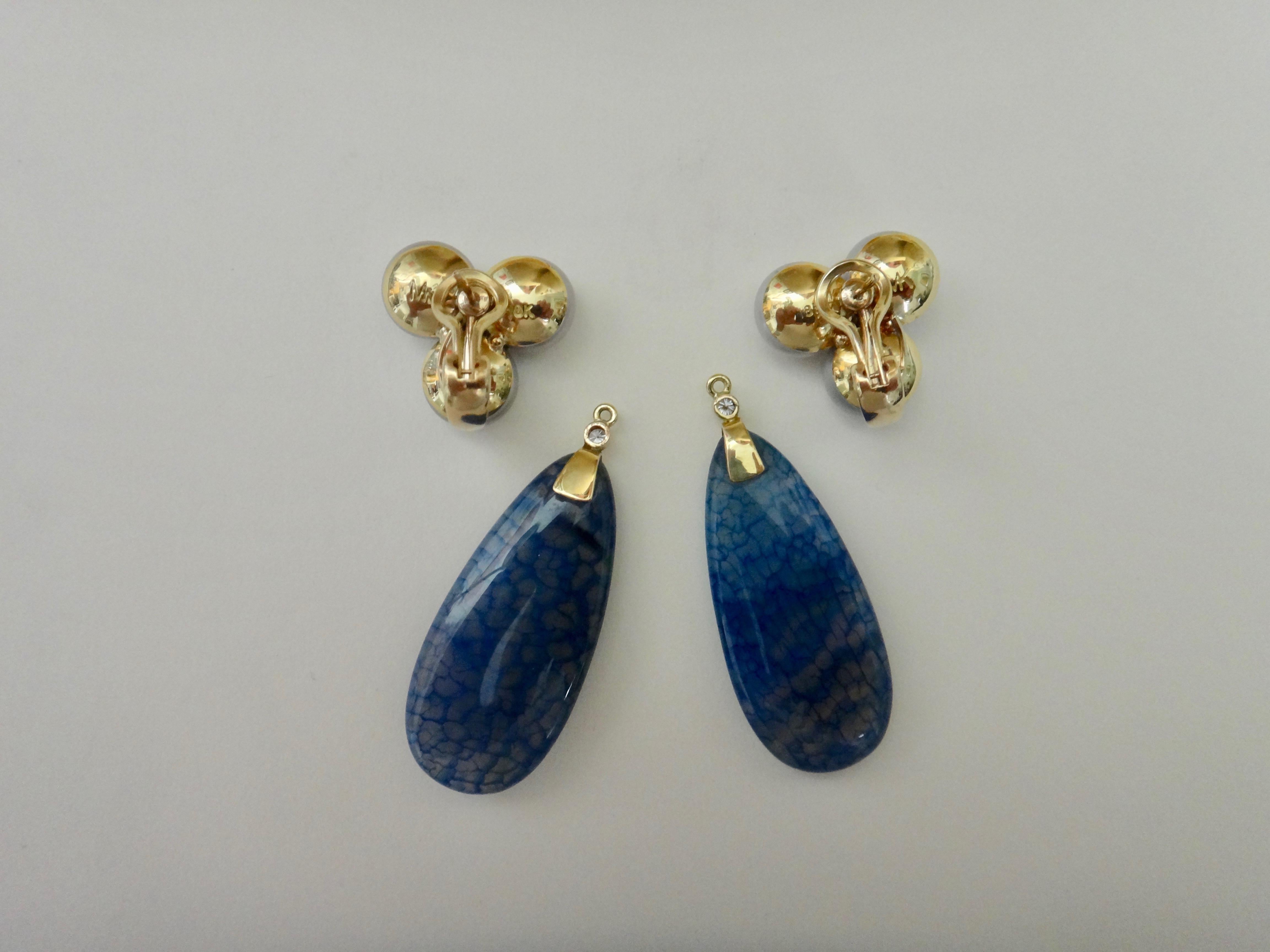 Michael Kneebone Blue Dragon's Skin Agate Pearl Diamond Dangle Earrings 2