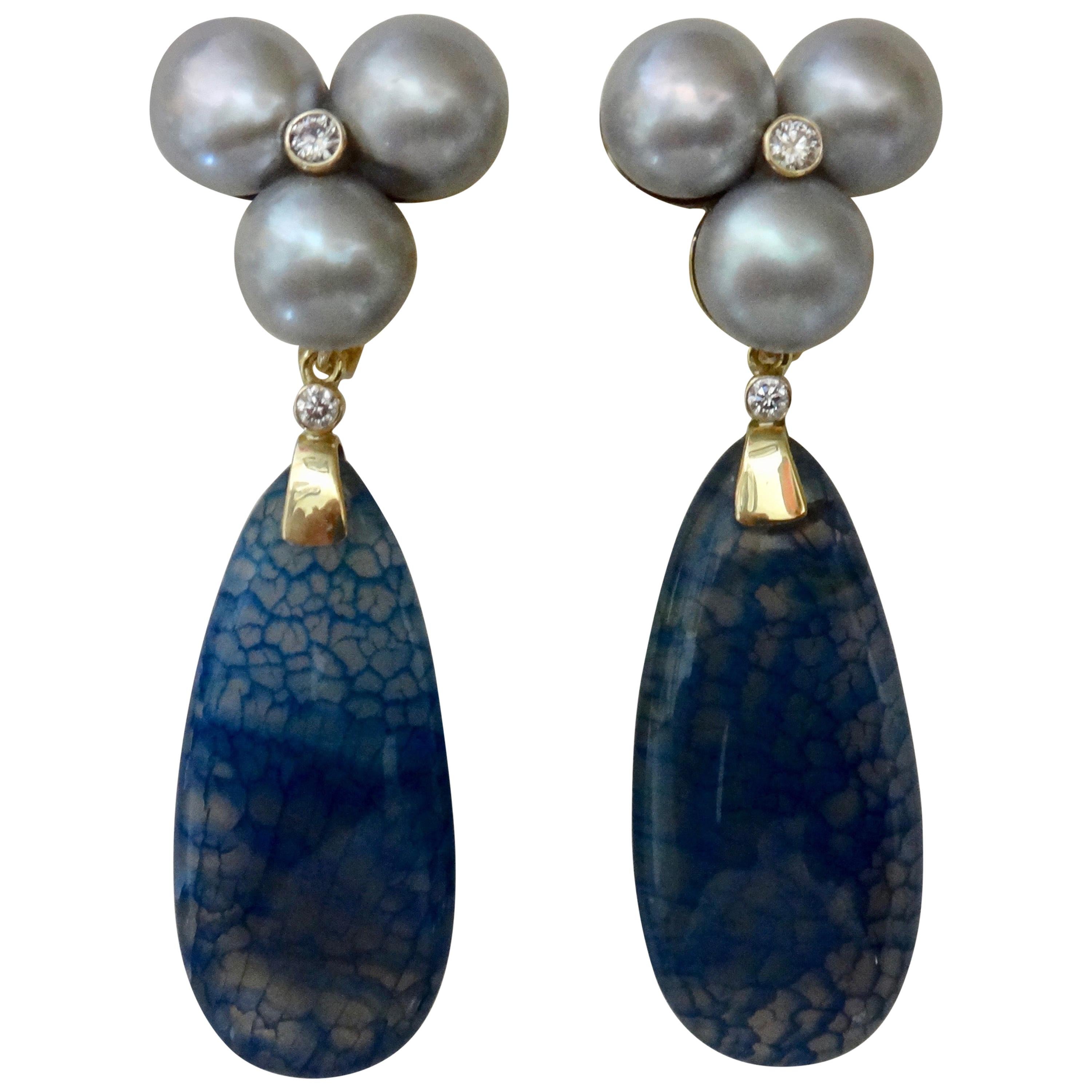 Michael Kneebone Blue Dragon's Skin Agate Pearl Diamond Dangle Earrings