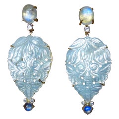 Michael Kneebone Blue Flash Moonstone Carved Mother of Pearl Dangle Earrings