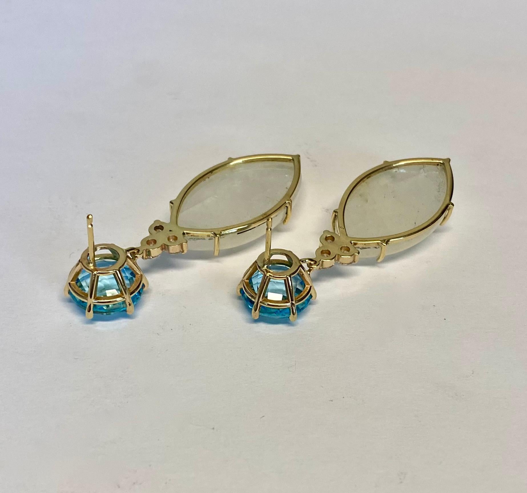Michael Kneebone Blue Flash Moonstone Diamond Sky Blue Topaz Dangle Earrings For Sale 4