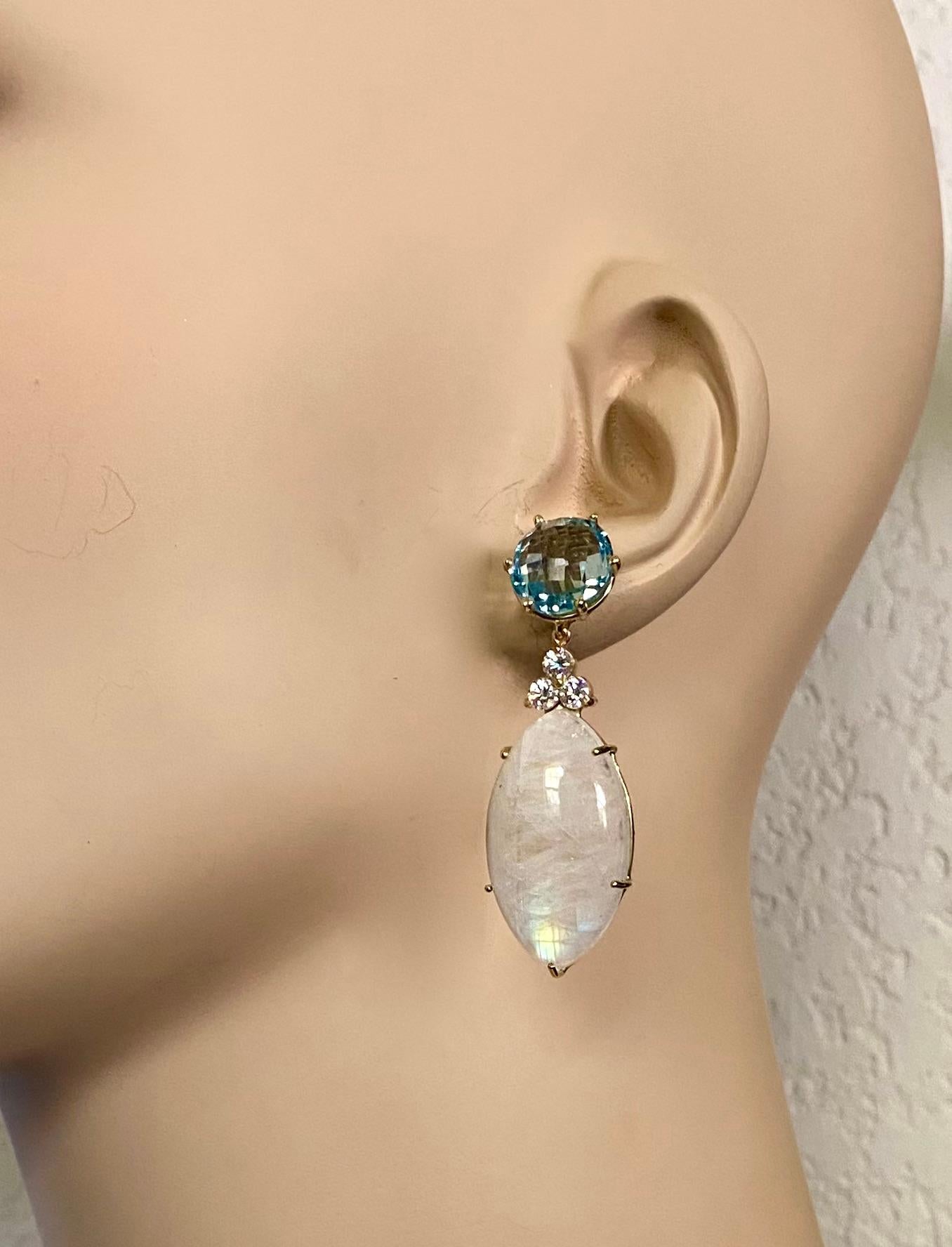 Michael Kneebone Blue Flash Moonstone Diamond Sky Blue Topaz Dangle Earrings For Sale 5