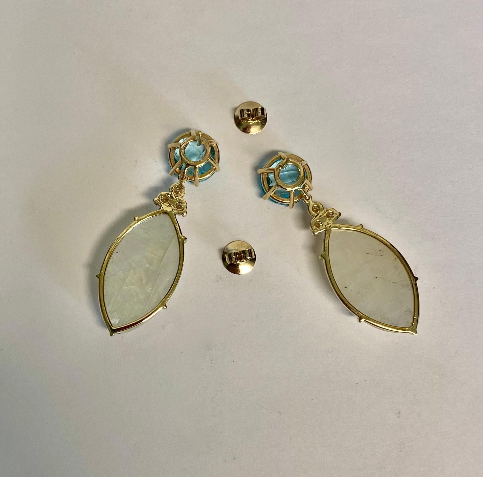 Michael Kneebone Blue Flash Moonstone Diamond Sky Blue Topaz Dangle Earrings For Sale 6