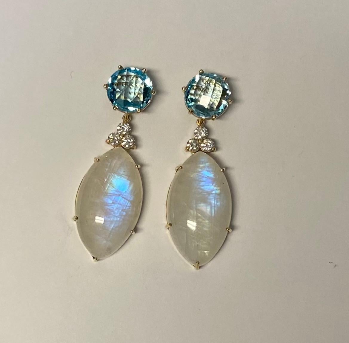 Contemporary Michael Kneebone Blue Flash Moonstone Diamond Sky Blue Topaz Dangle Earrings For Sale