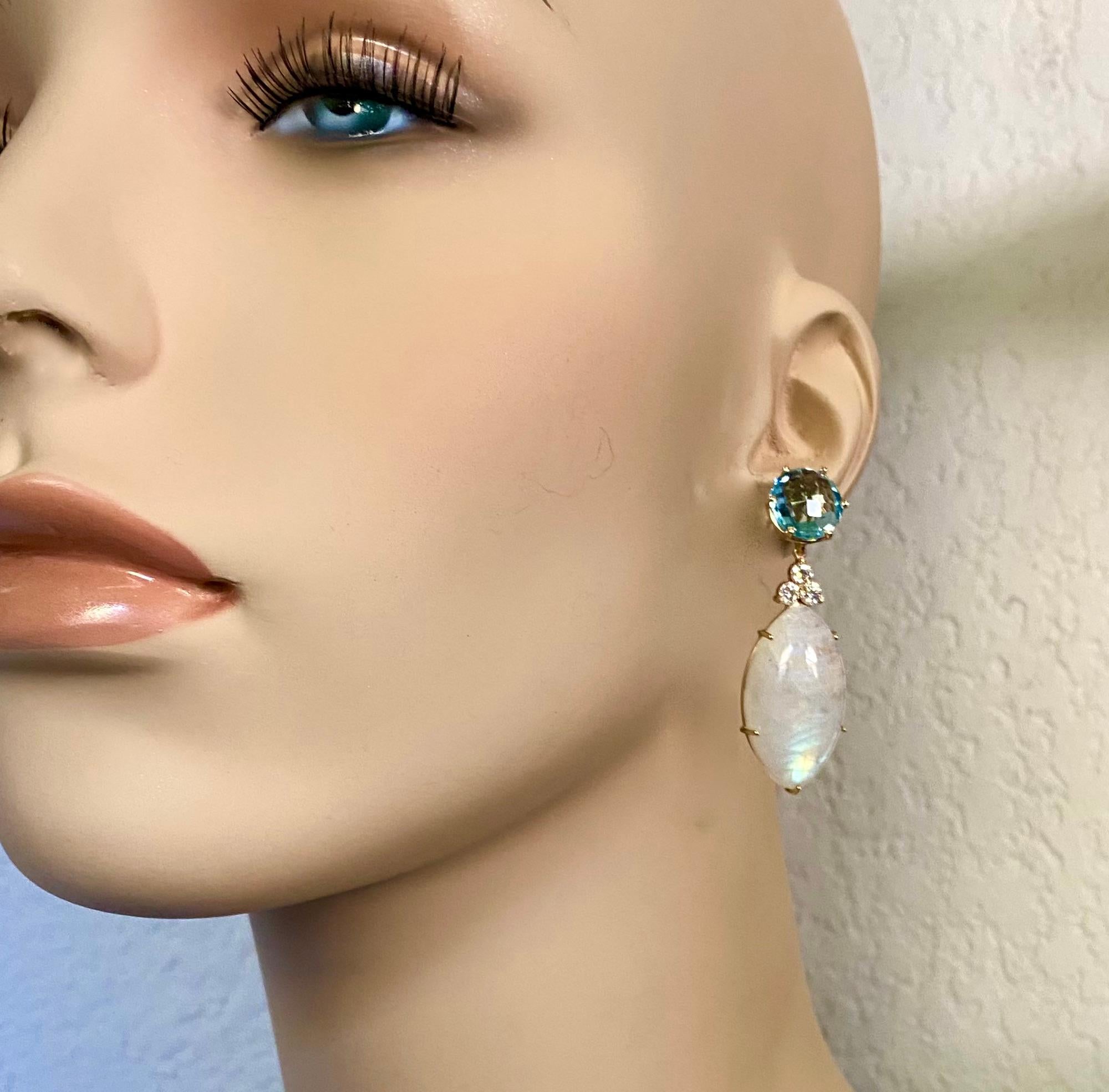 Mixed Cut Michael Kneebone Blue Flash Moonstone Diamond Sky Blue Topaz Dangle Earrings For Sale