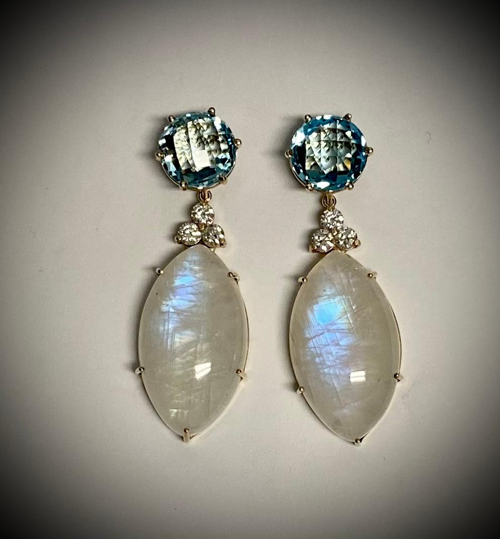 Women's Michael Kneebone Blue Flash Moonstone Diamond Sky Blue Topaz Dangle Earrings For Sale