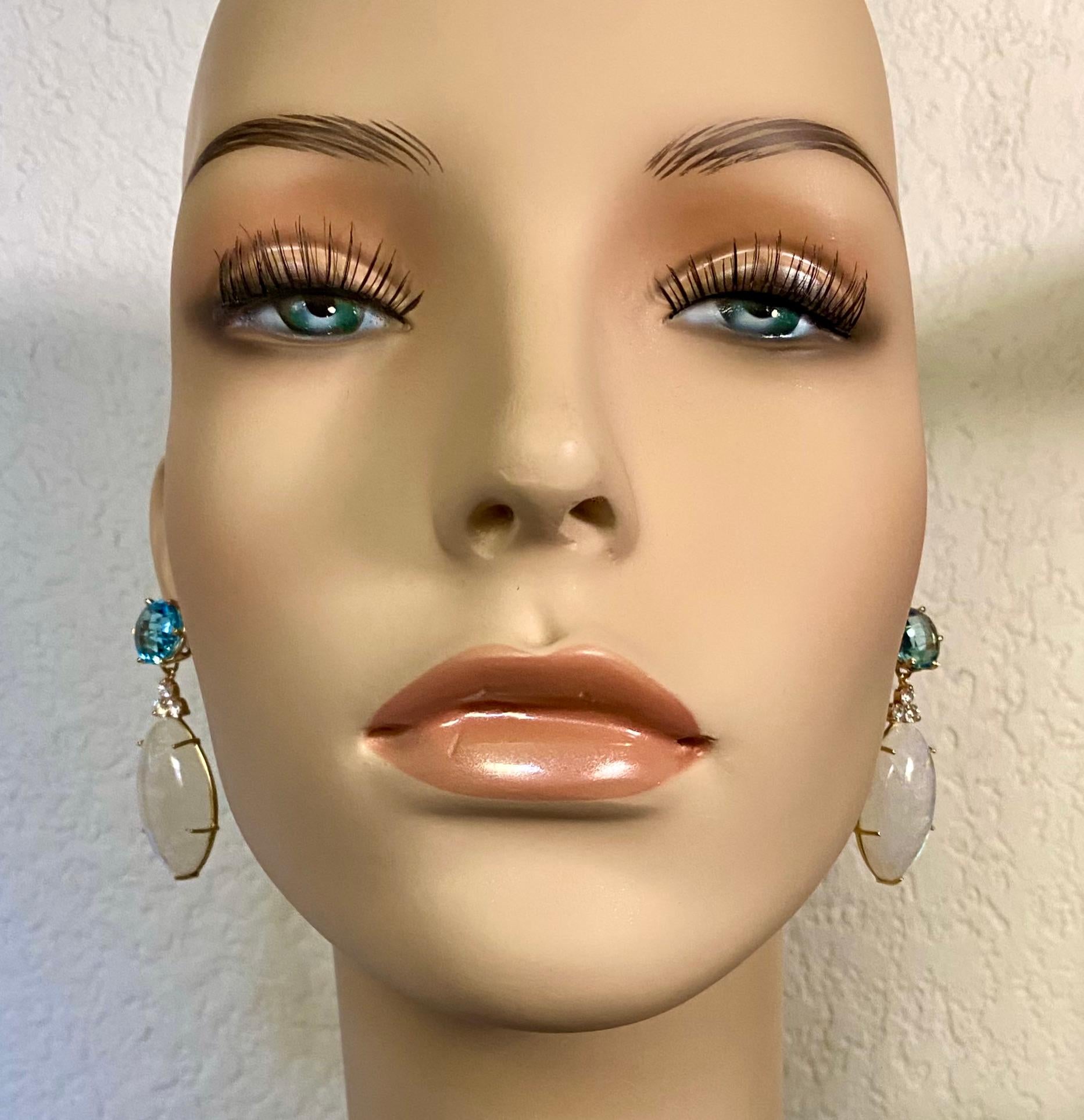 Michael Kneebone Blue Flash Moonstone Diamond Sky Blue Topaz Dangle Earrings For Sale 1