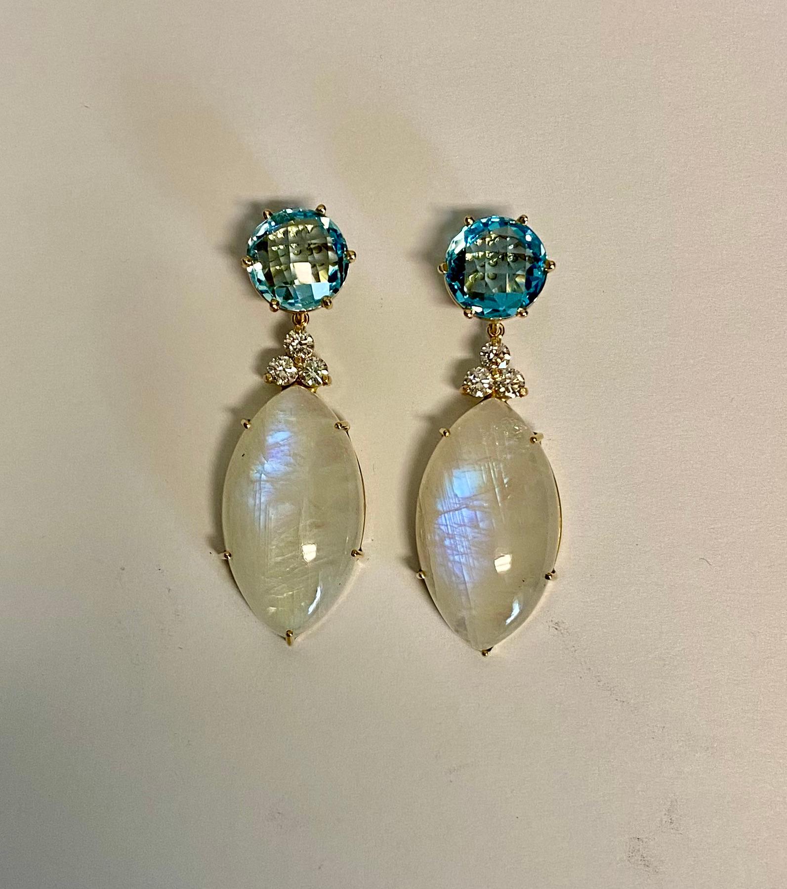 Michael Kneebone Blue Flash Moonstone Diamond Sky Blue Topaz Dangle Earrings For Sale 2