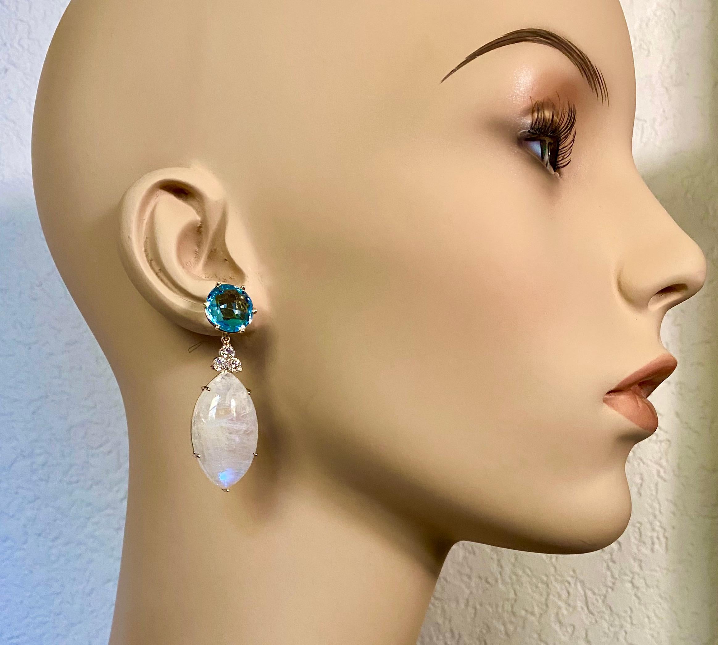 Michael Kneebone Blue Flash Moonstone Diamond Sky Blue Topaz Dangle Earrings For Sale 3