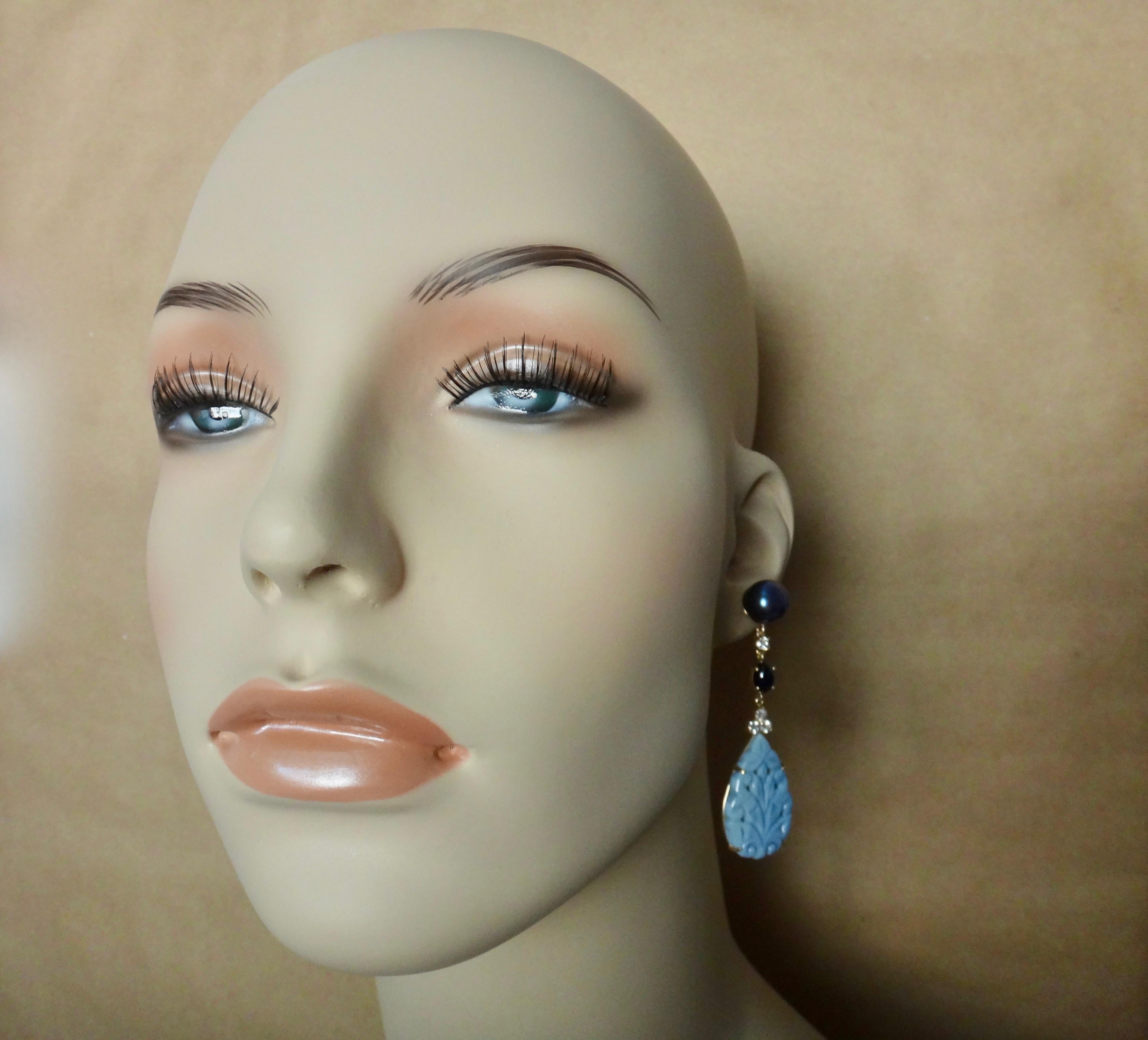 Michael Kneebone Blue Opal Sapphire Diamond Black Pearl Dangle Earrings For Sale 2