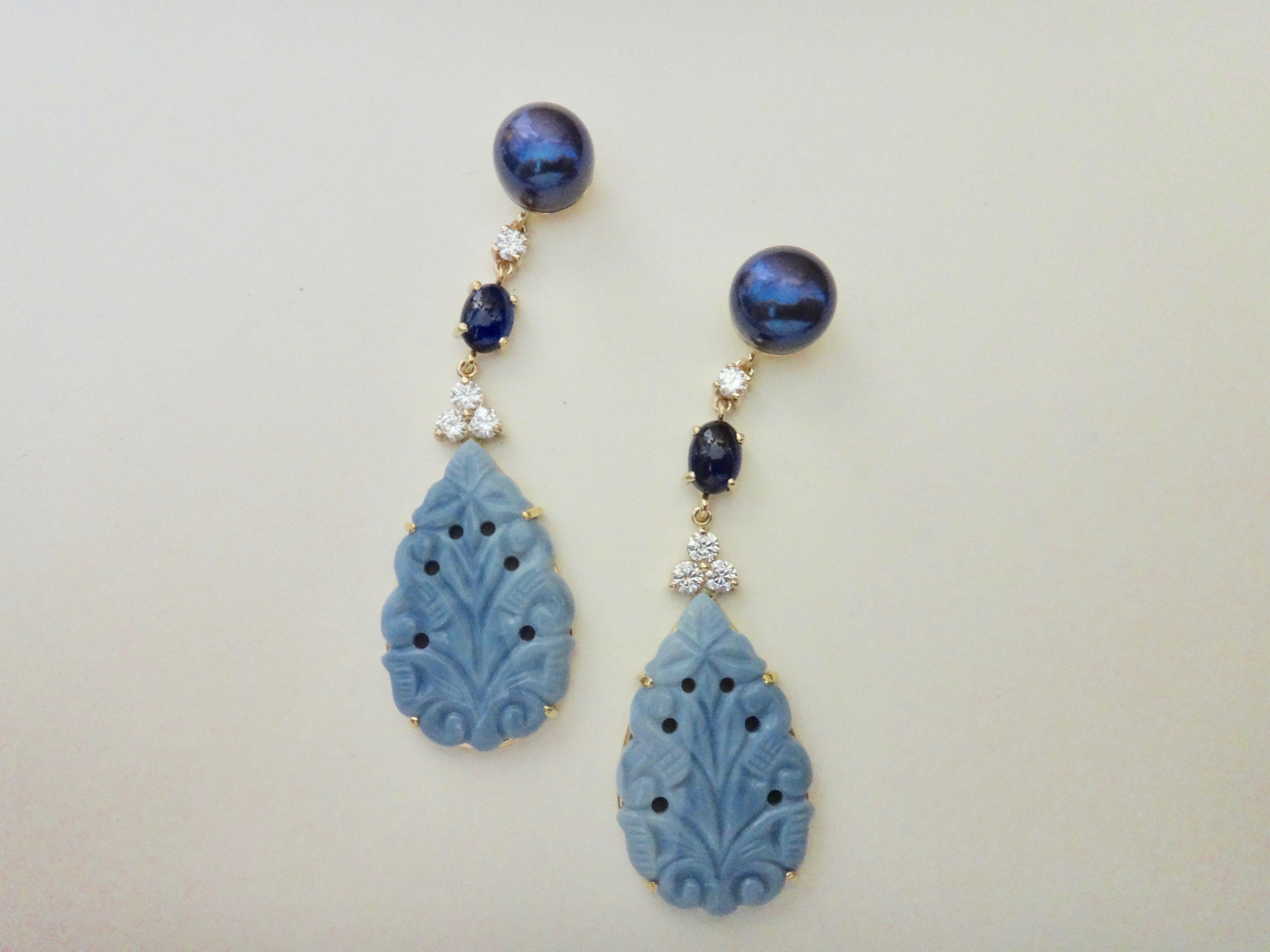 Contemporary Michael Kneebone Blue Opal Sapphire Diamond Black Pearl Dangle Earrings For Sale