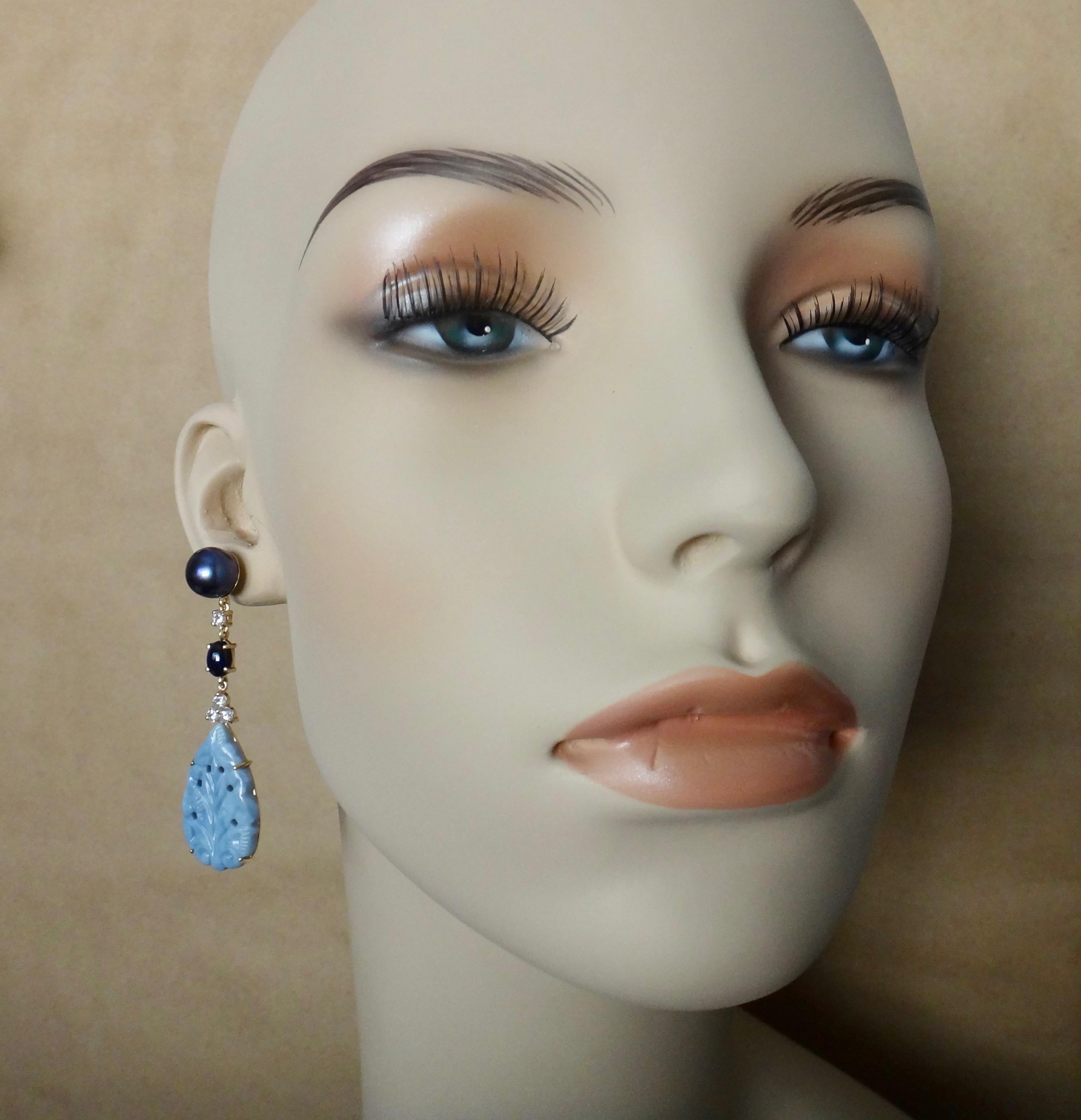 Mixed Cut Michael Kneebone Blue Opal Sapphire Diamond Black Pearl Dangle Earrings