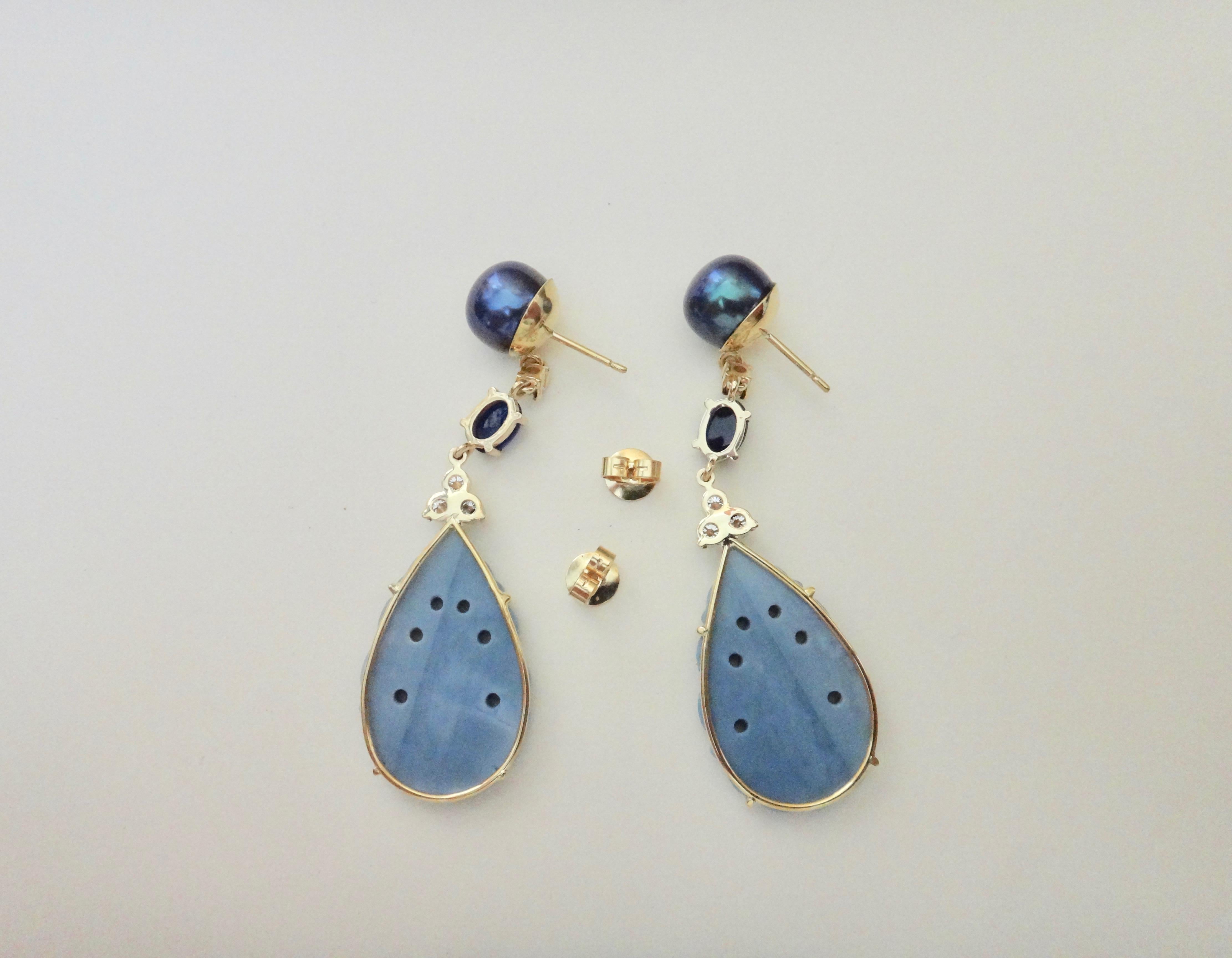 Michael Kneebone Blue Opal Sapphire Diamond Black Pearl Dangle Earrings In New Condition In Austin, TX