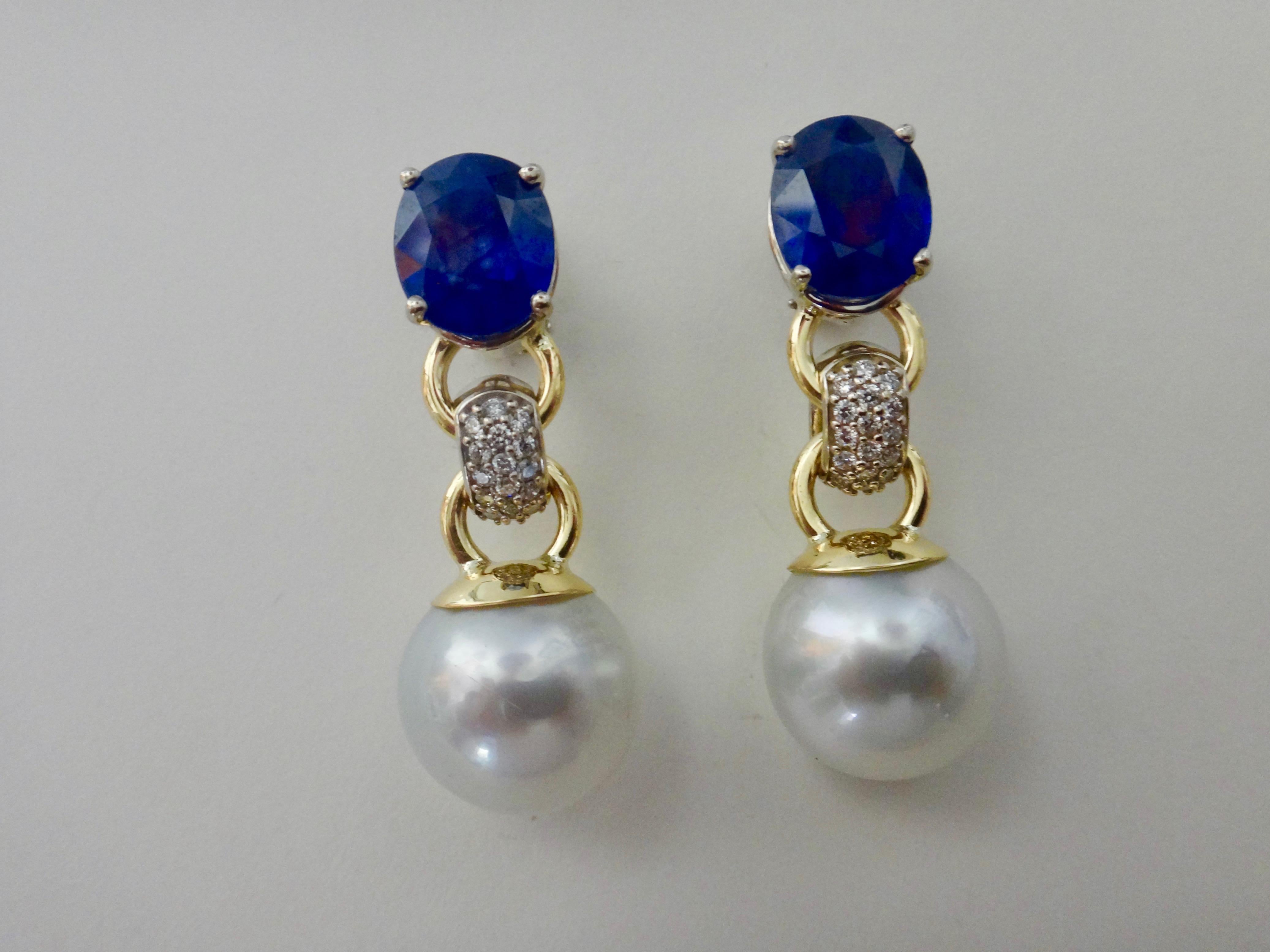 Michael Kneebone Blue Sapphire Pave Diamond South Seas Pearl Dangle Earrings 6