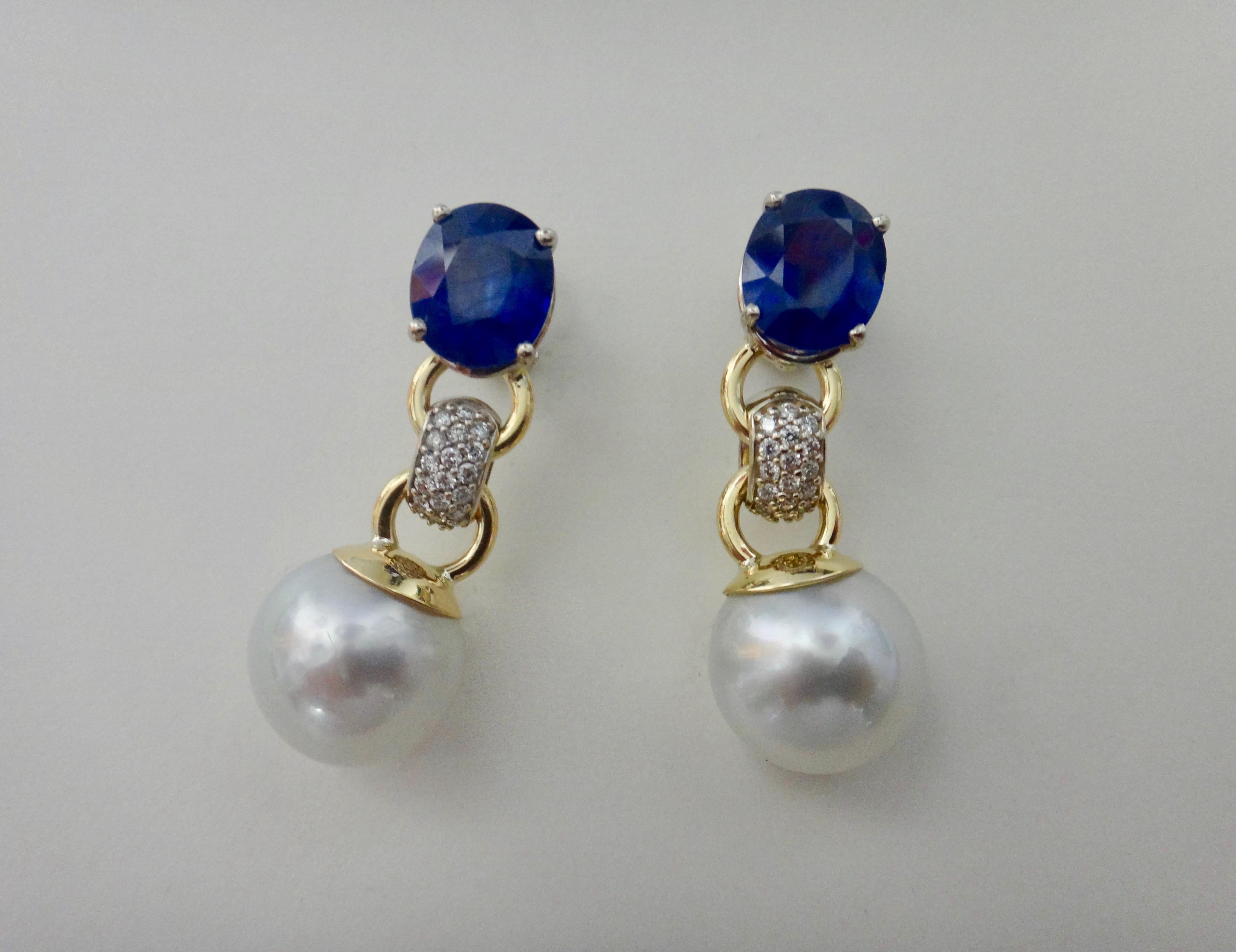 Contemporary Michael Kneebone Blue Sapphire Pave Diamond South Seas Pearl Dangle Earrings