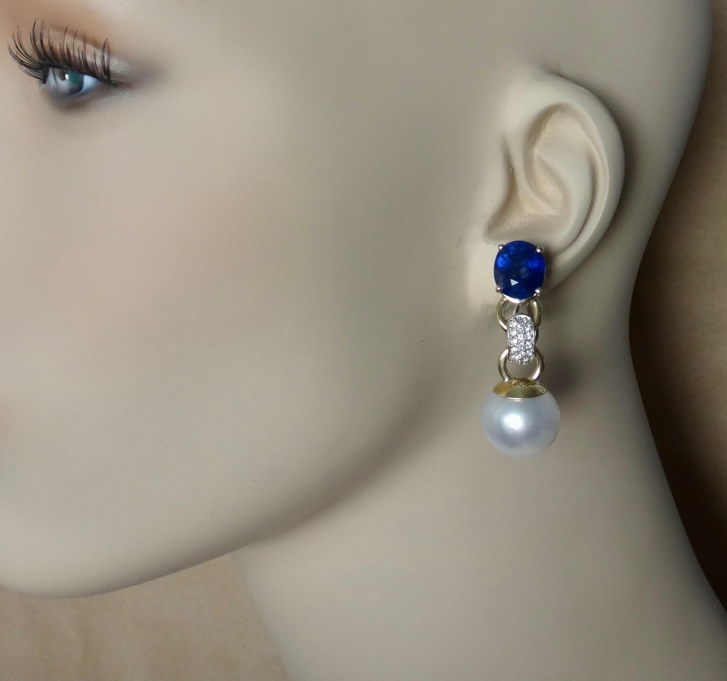 Michael Kneebone Blue Sapphire Pave Diamond South Seas Pearl Dangle Earrings In New Condition In Austin, TX