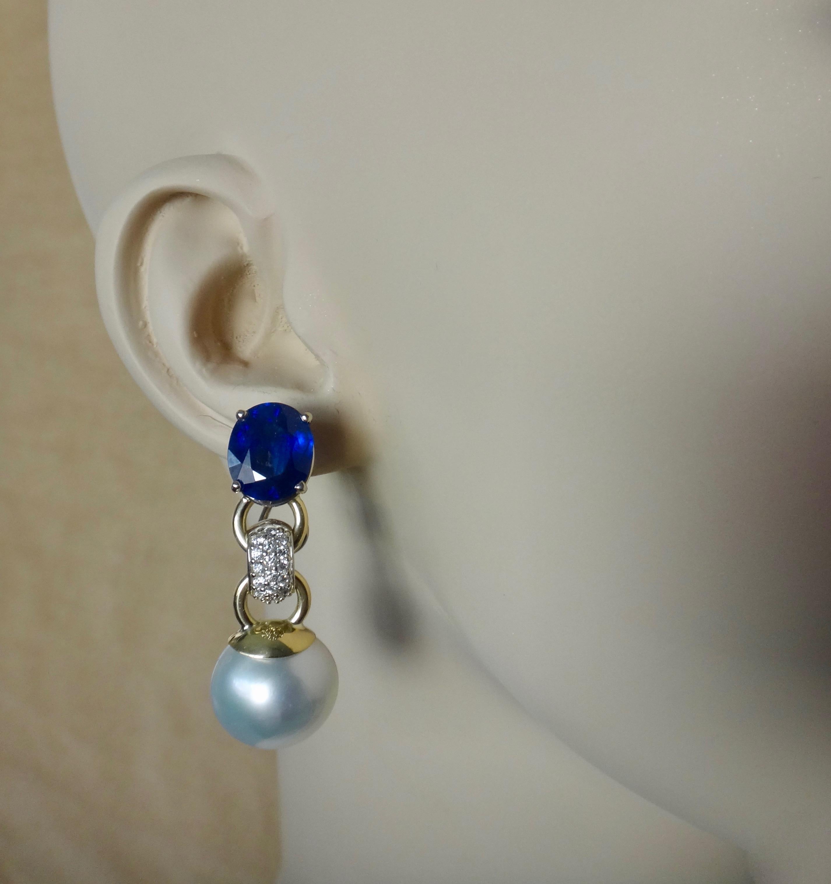Michael Kneebone Blue Sapphire Pave Diamond South Seas Pearl Dangle Earrings 1