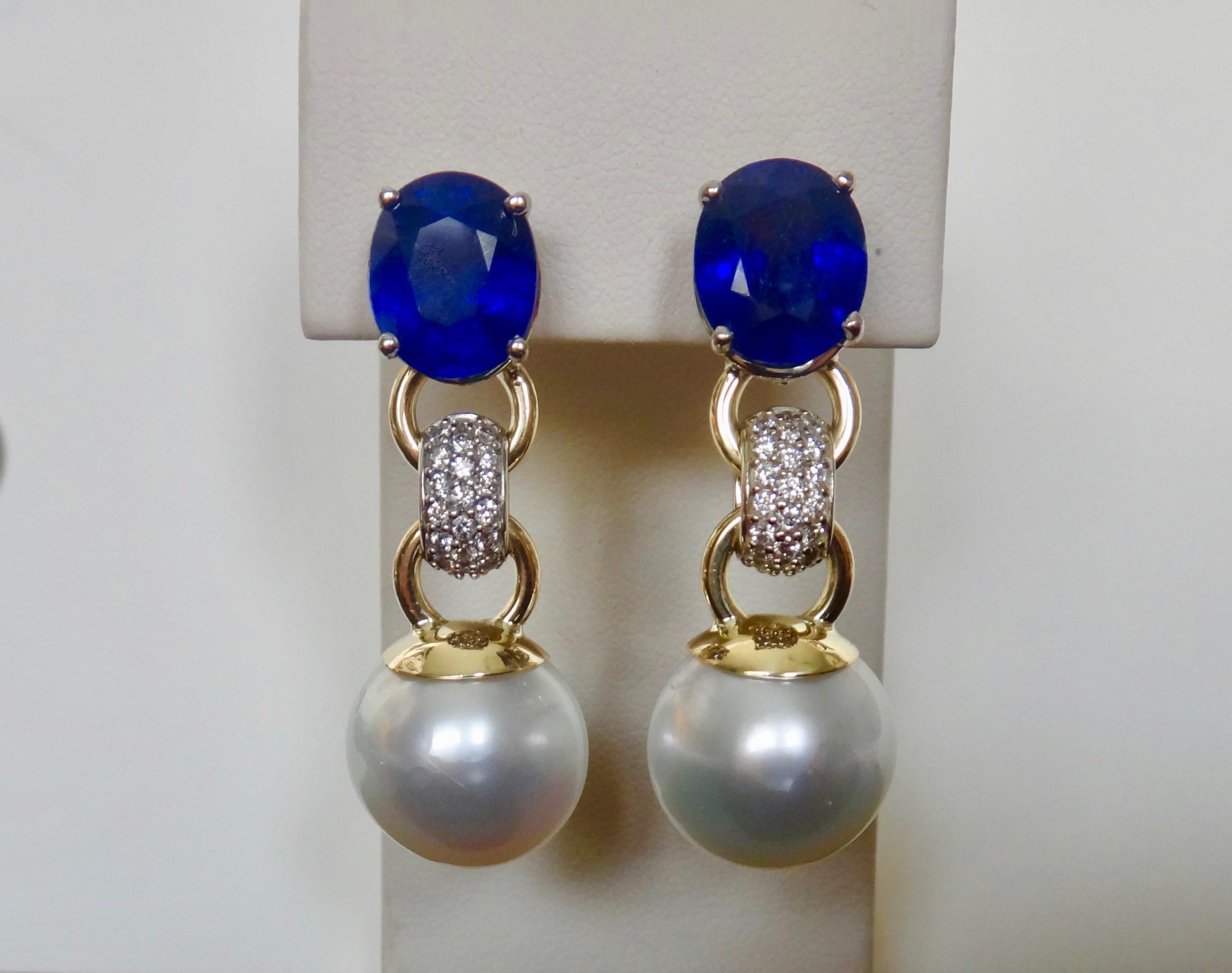 Michael Kneebone Blue Sapphire Pave Diamond South Seas Pearl Dangle Earrings 2