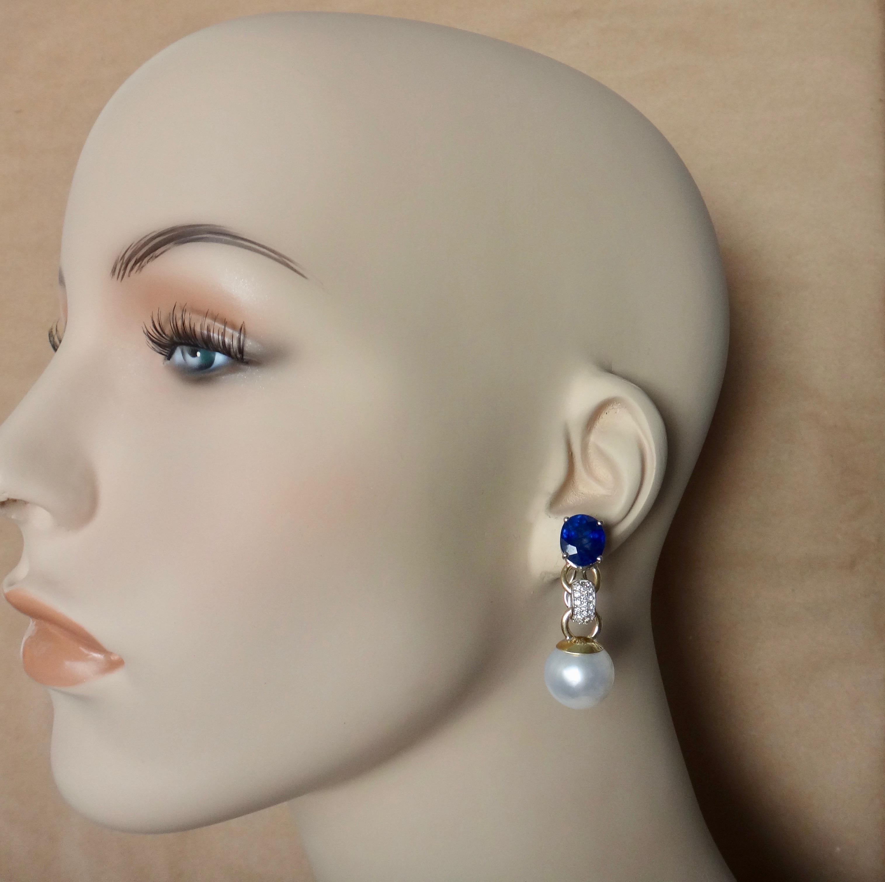 Michael Kneebone Blue Sapphire Pave Diamond South Seas Pearl Dangle Earrings 3