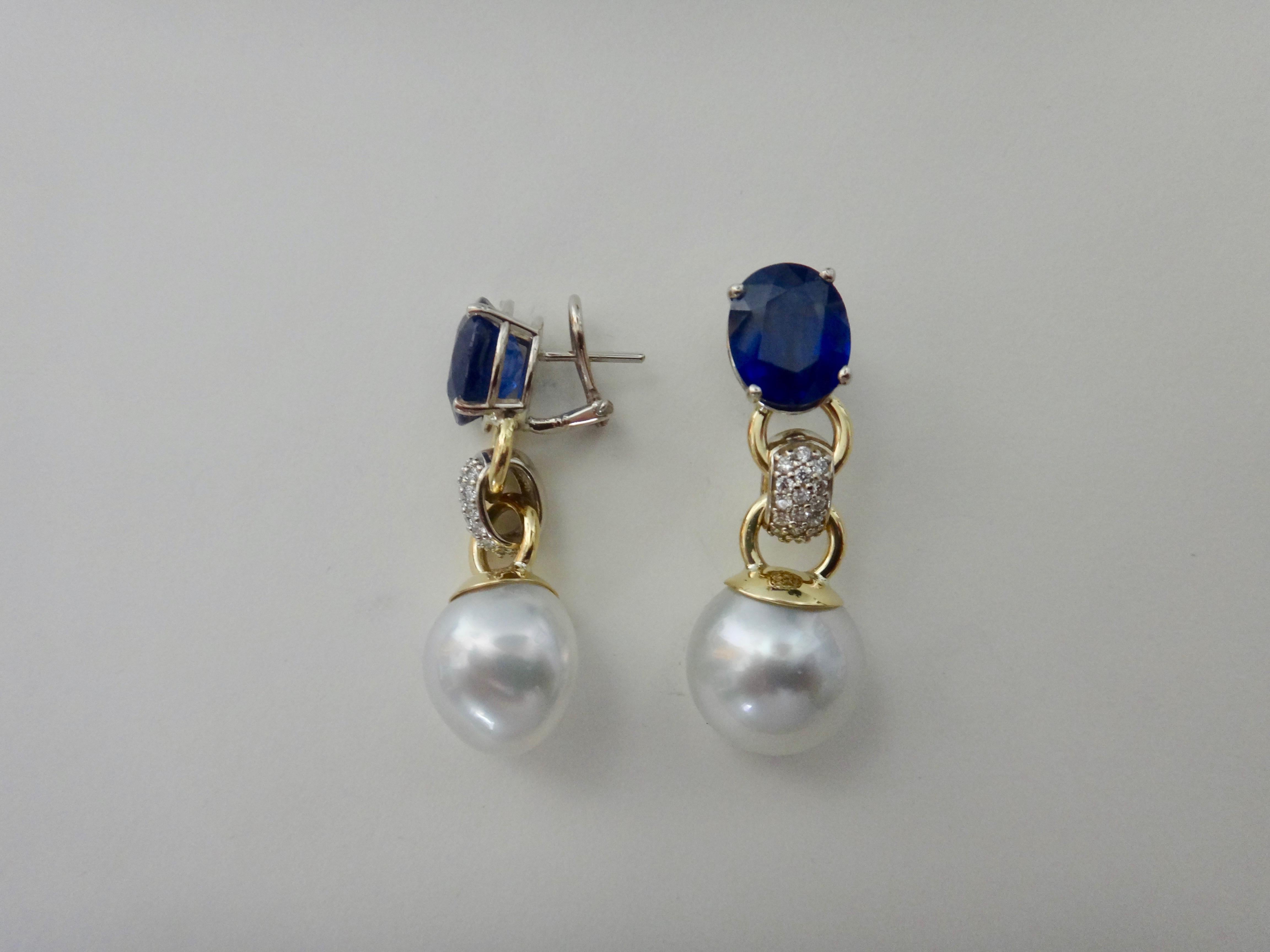 Michael Kneebone Blue Sapphire Pave Diamond South Seas Pearl Dangle Earrings 4