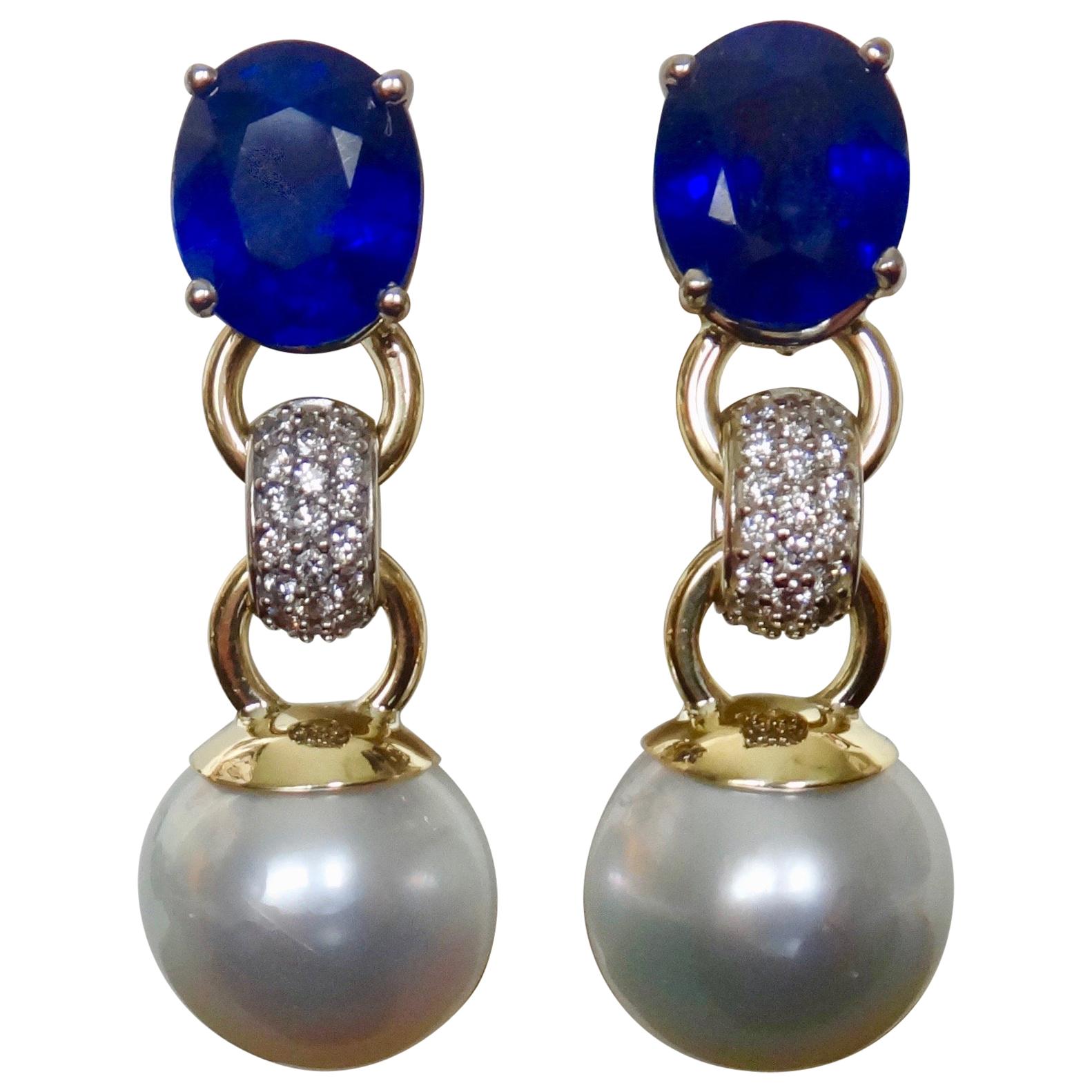 Michael Kneebone Blue Sapphire Pave Diamond South Seas Pearl Dangle Earrings