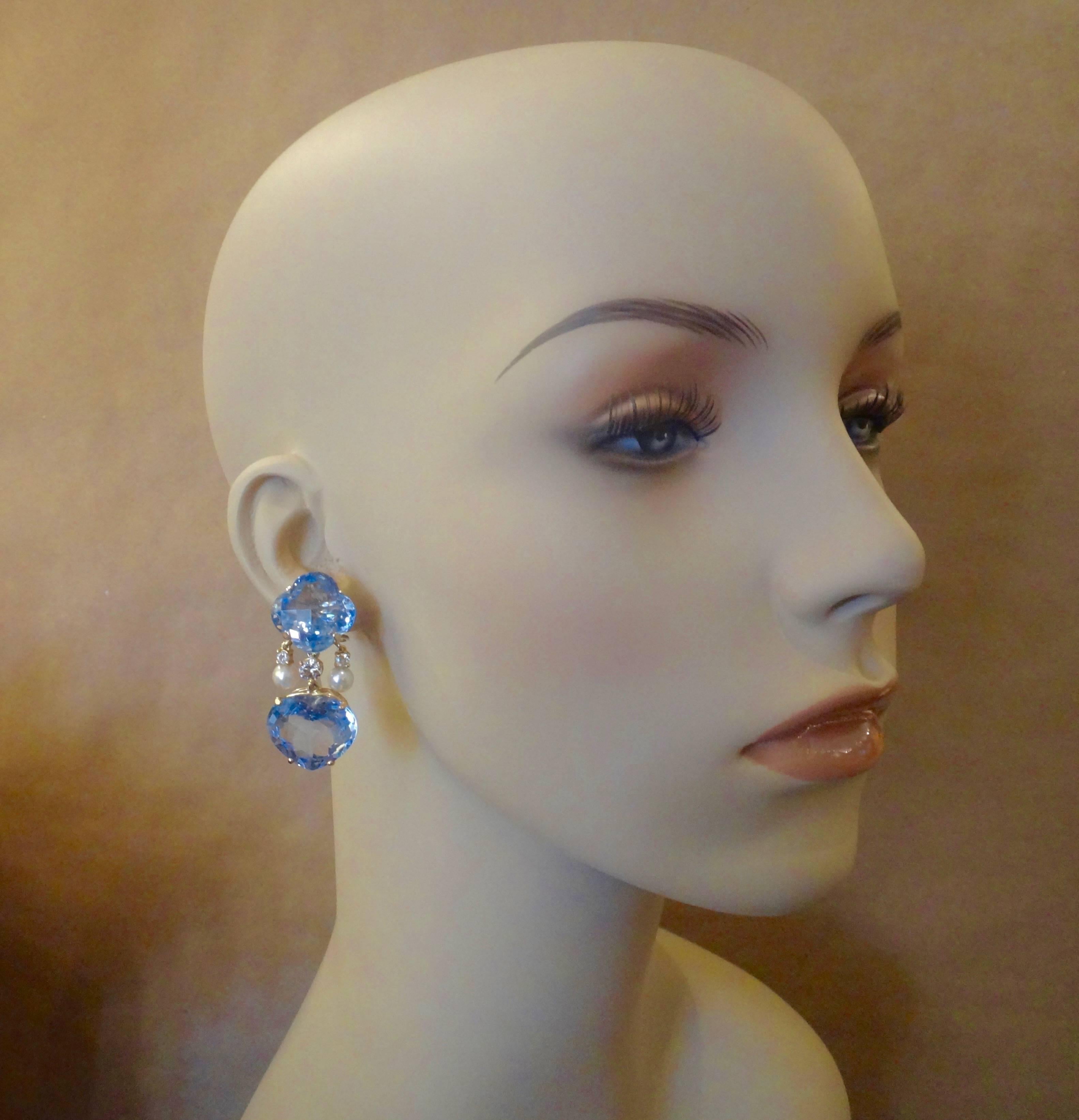 Michael Kneebone Blue Topaz Akoya Pearl Diamond Two-Color Gold Dangle Earrings In Excellent Condition In Austin, TX