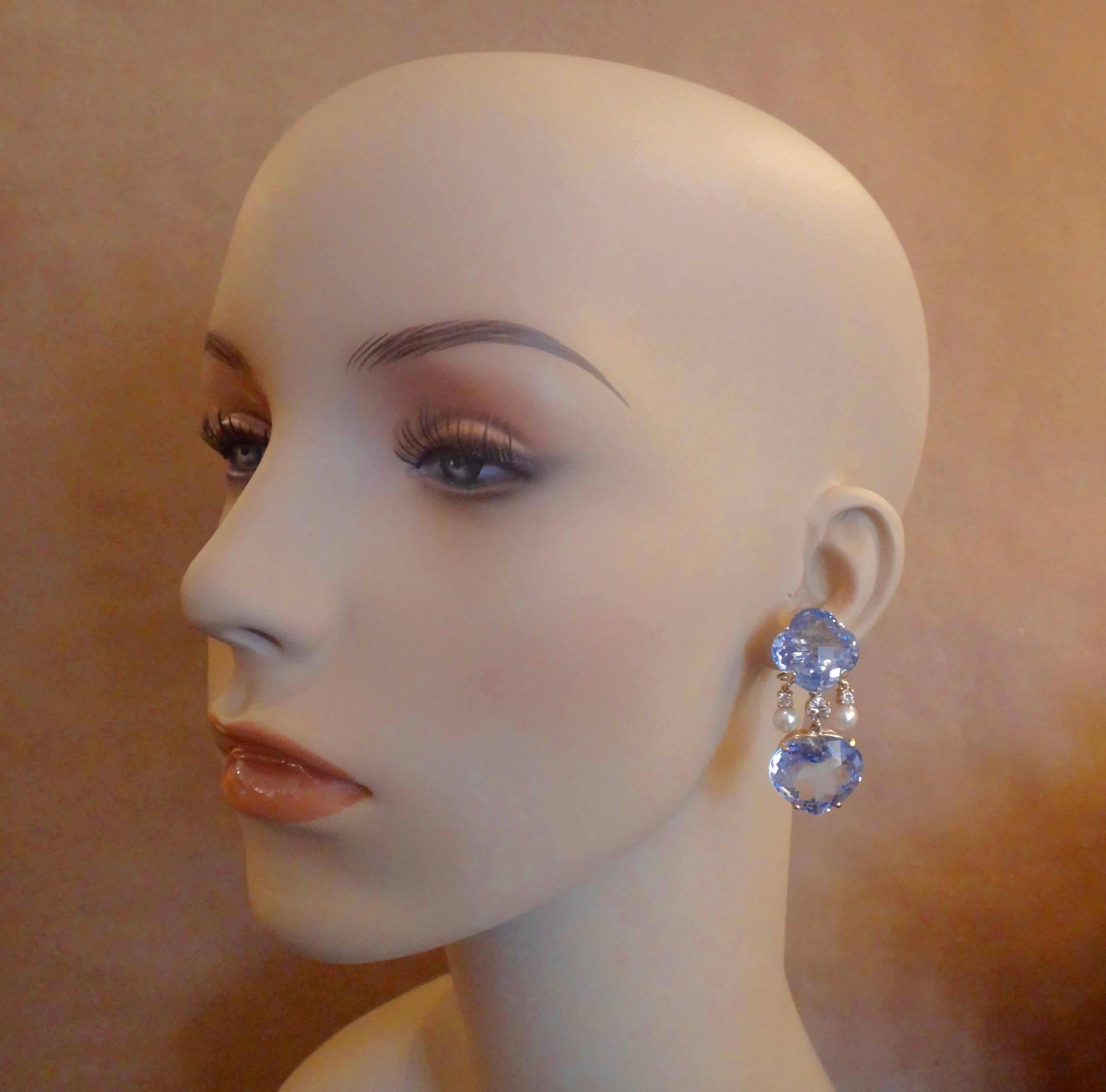 Women's Michael Kneebone Blue Topaz Akoya Pearl Diamond Two-Color Gold Dangle Earrings