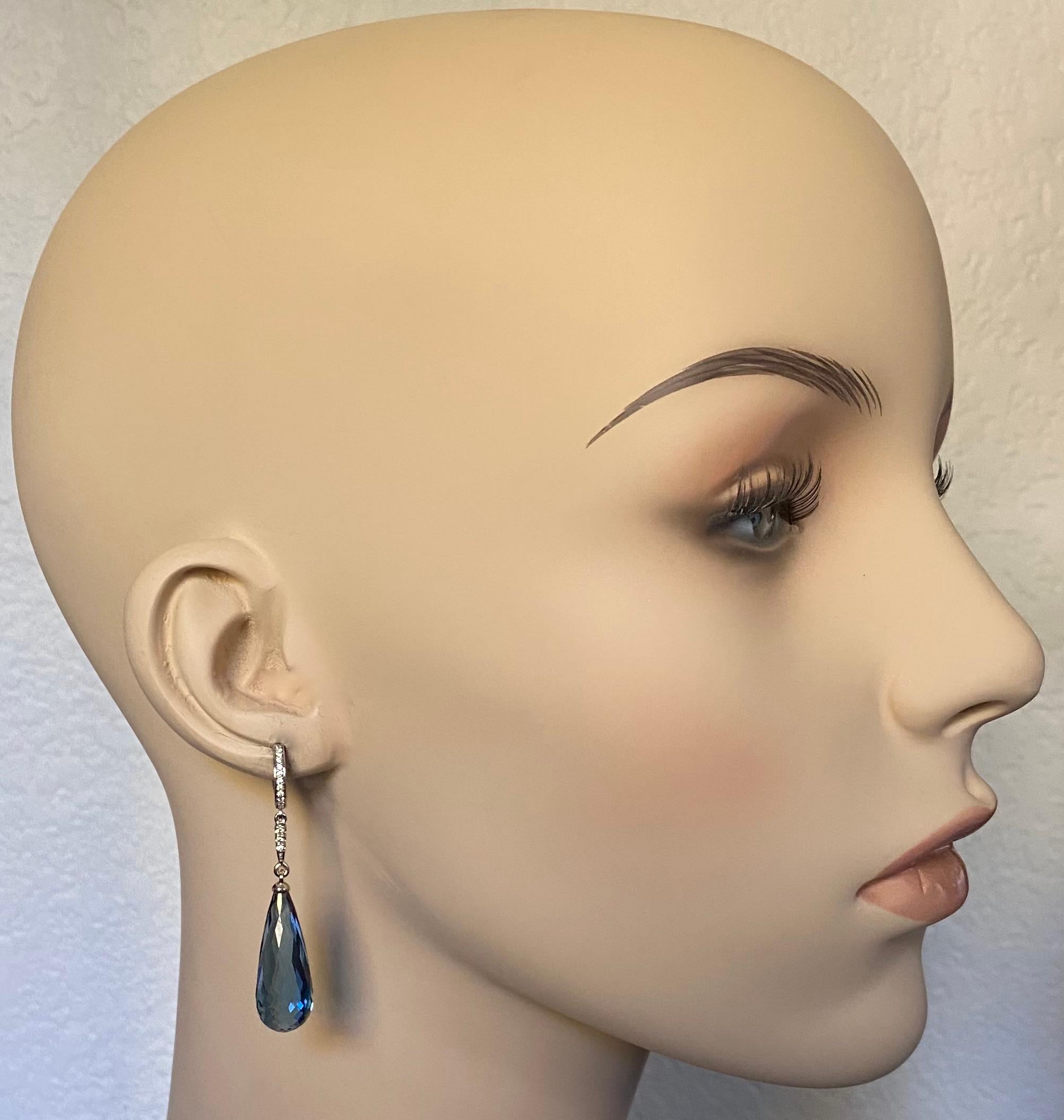 Michael Kneebone Blue Topaz Briolette Pave Diamond Dangle Earrings For Sale 4