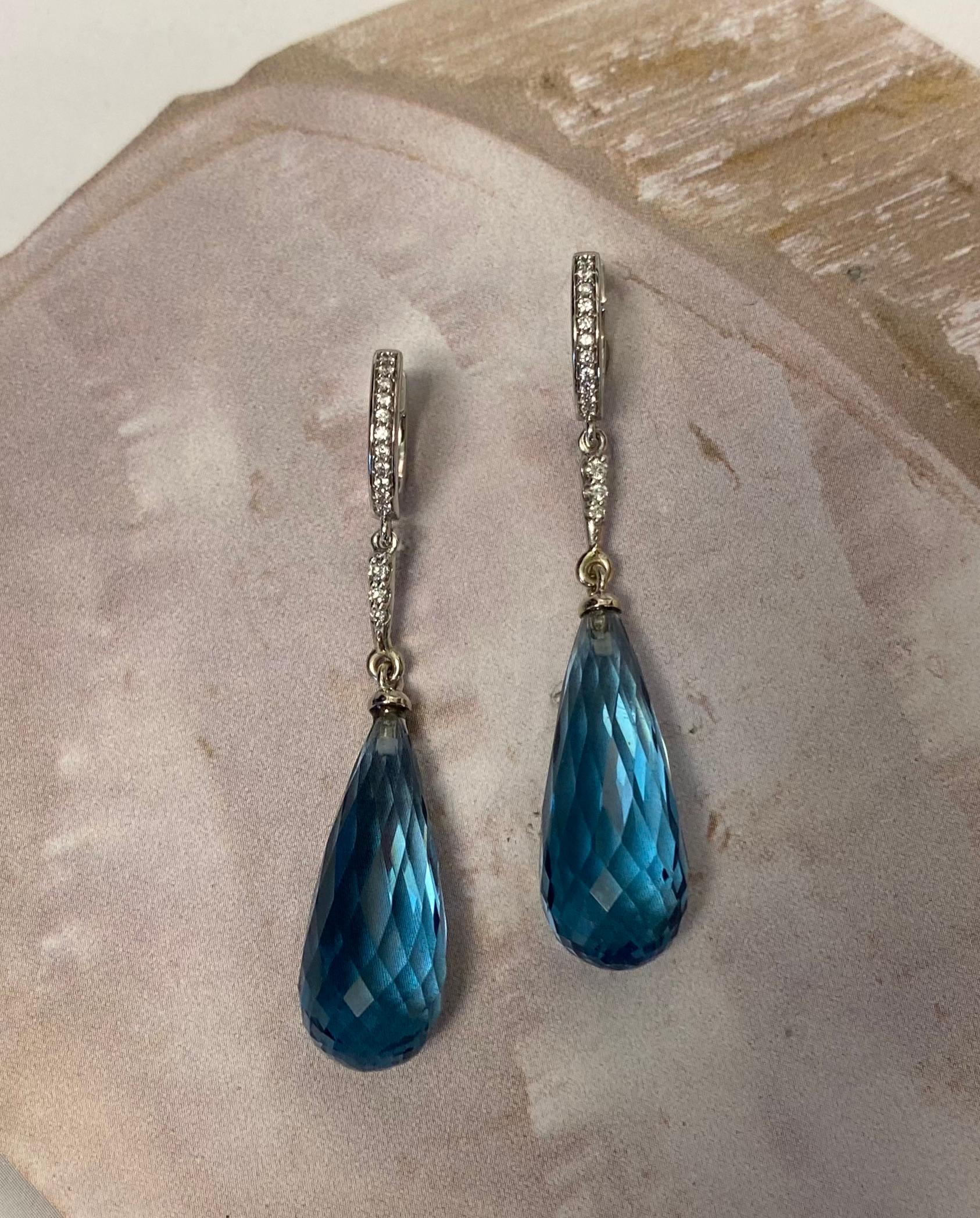 Michael Kneebone Blue Topaz Briolette Pave Diamond Dangle Earrings For Sale 1